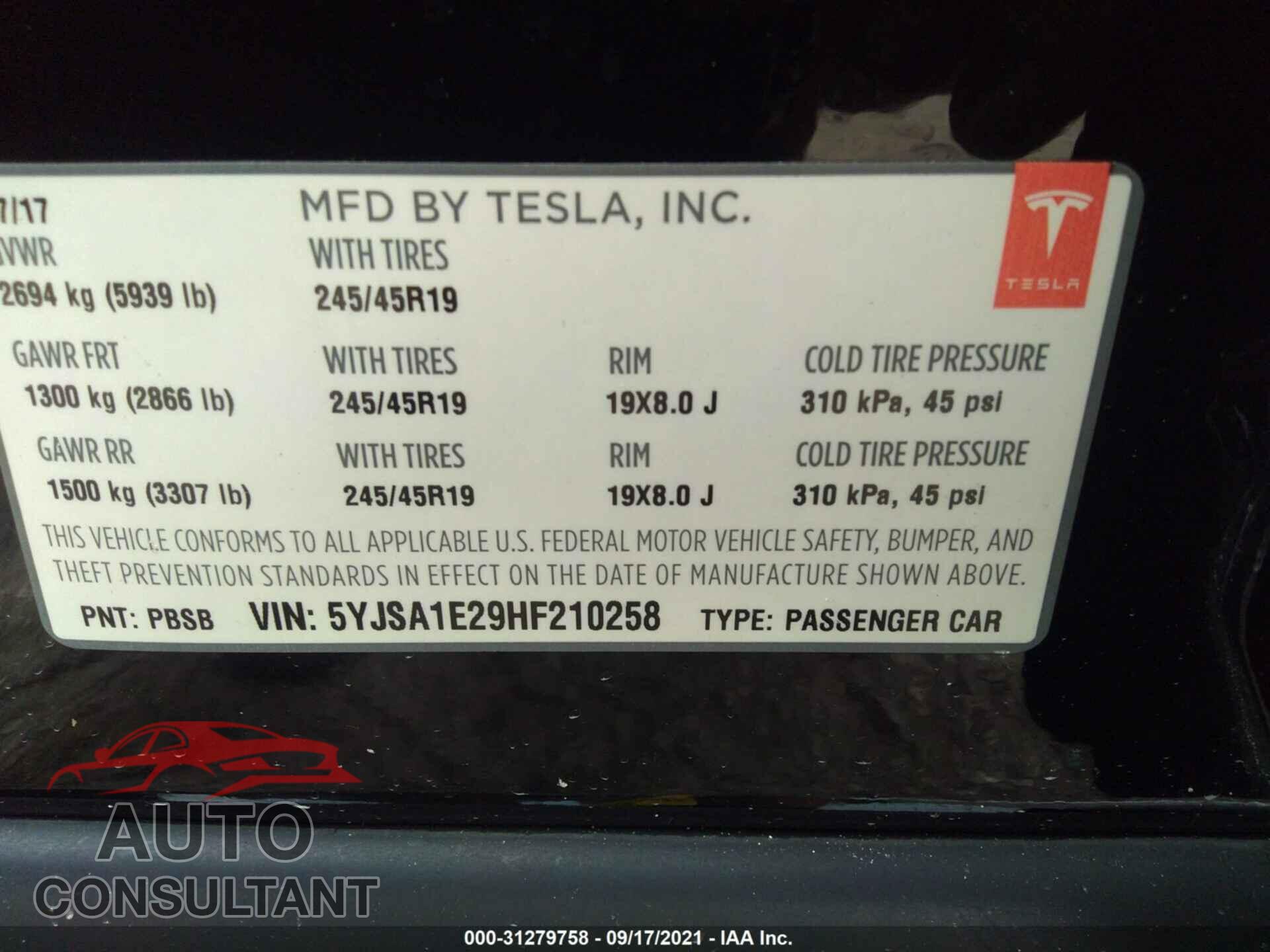 TESLA MODEL S 2017 - 5YJSA1E29HF210258