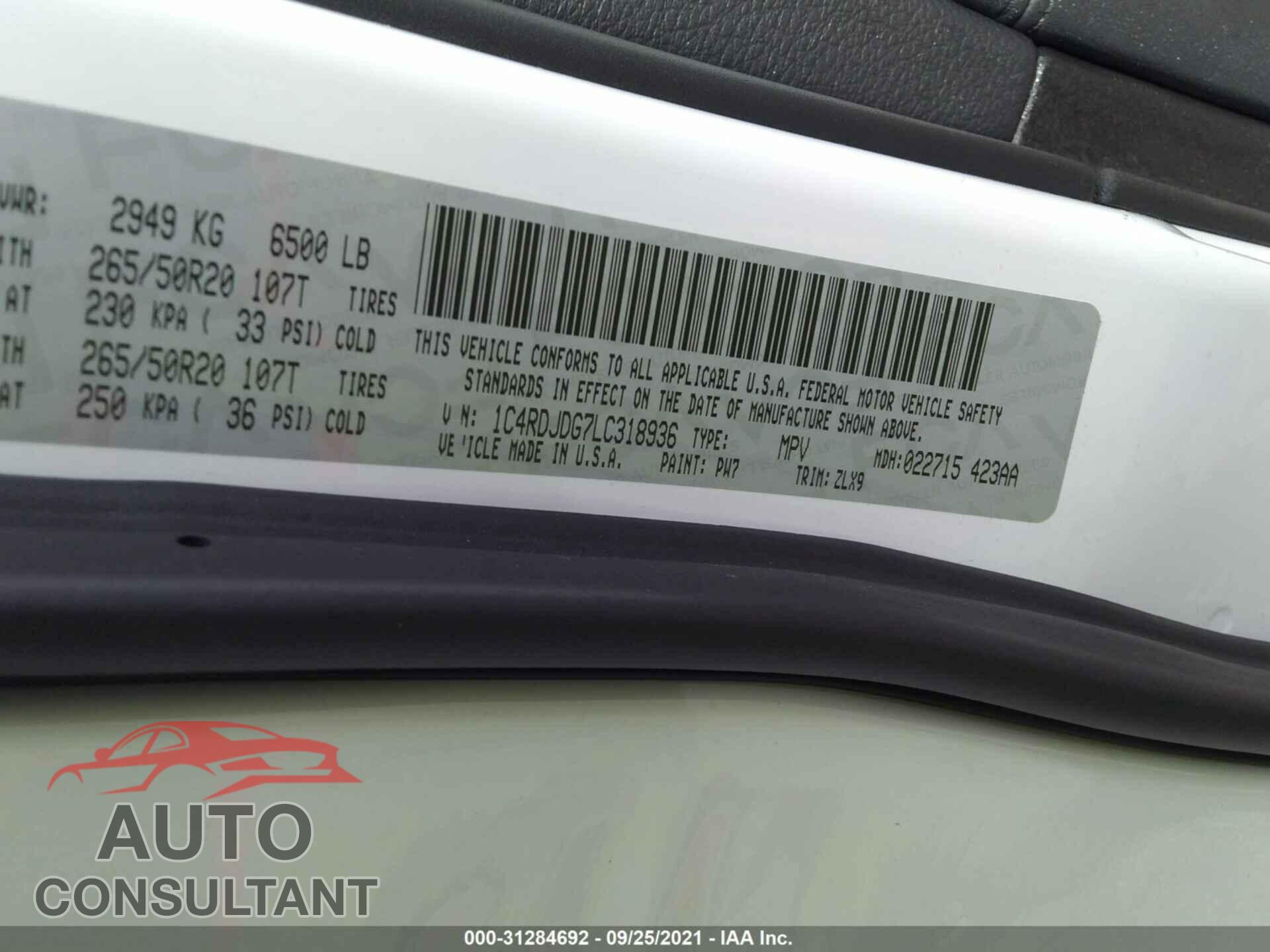 DODGE DURANGO 2020 - 1C4RDJDG7LC318936