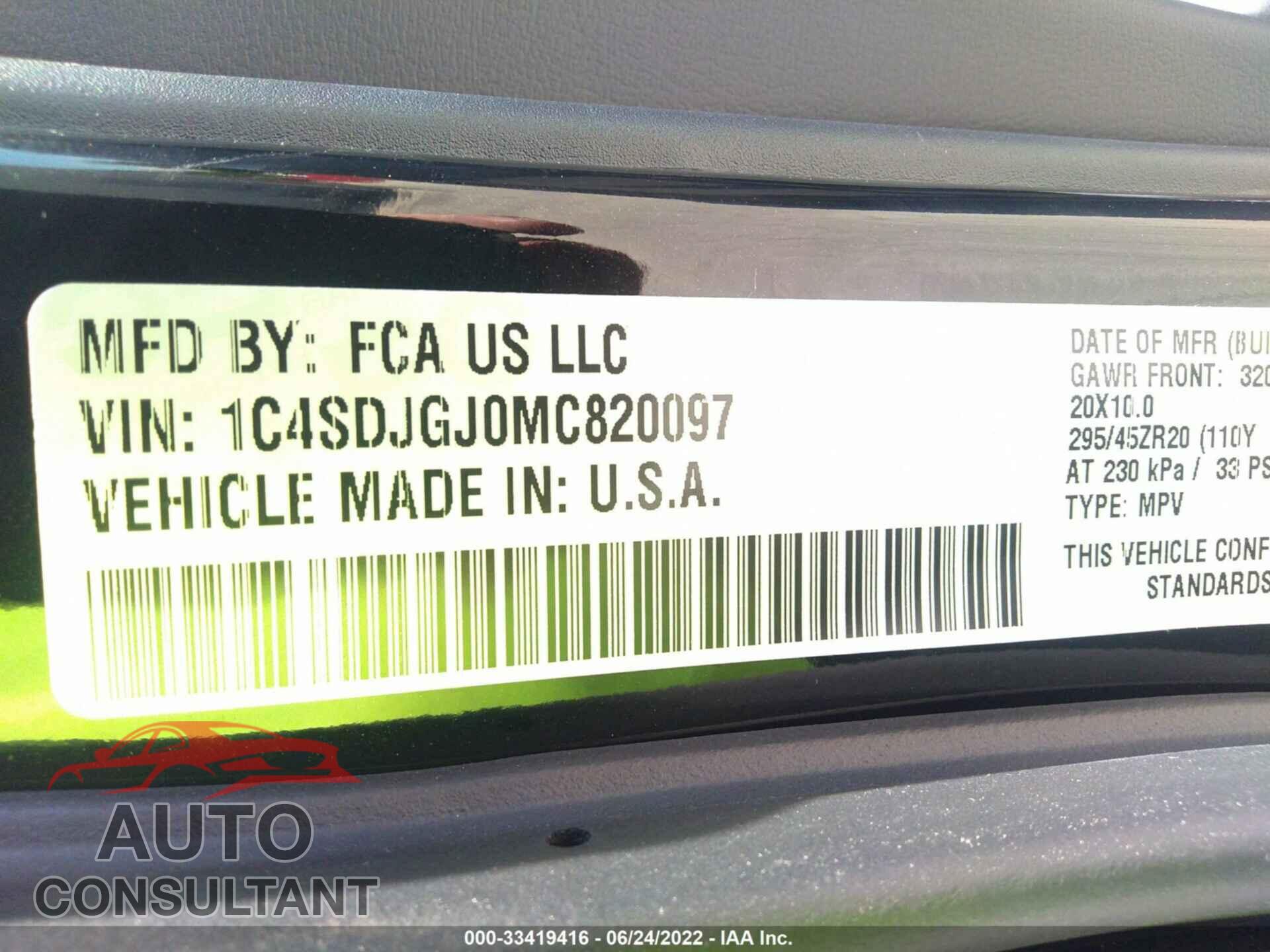 DODGE DURANGO 2021 - 1C4SDJGJ0MC820097