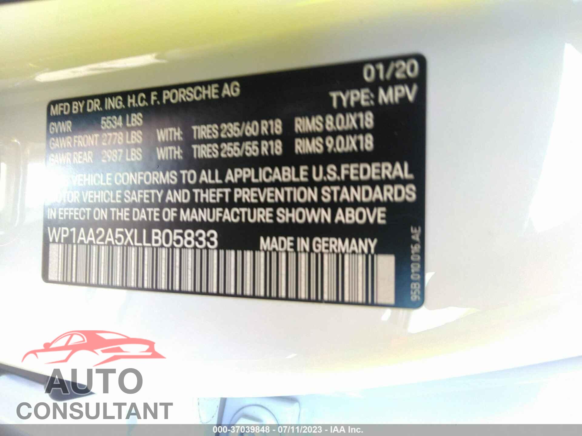 PORSCHE MACAN 2020 - WP1AA2A5XLLB05833