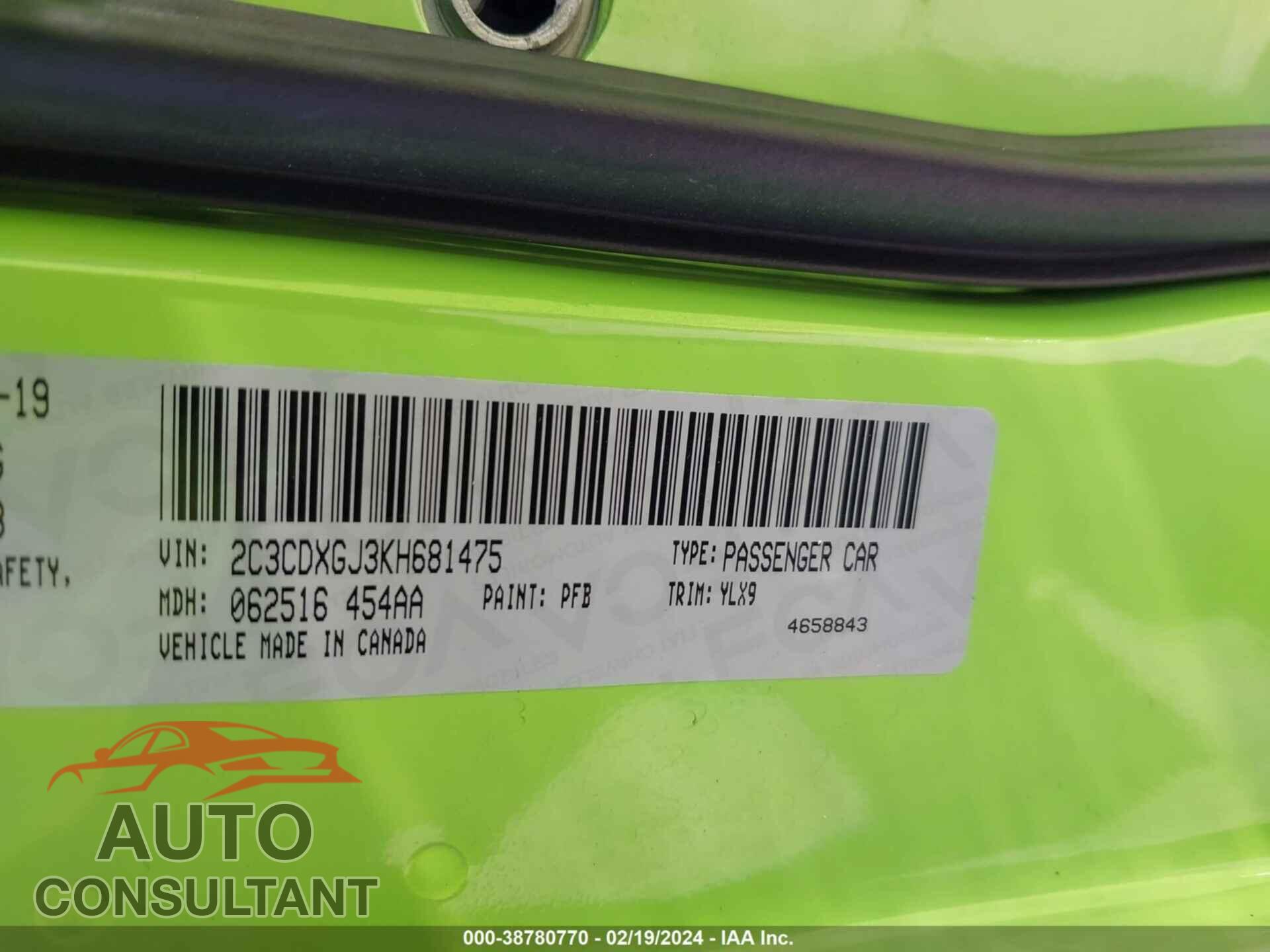 DODGE CHARGER 2019 - 2C3CDXGJ3KH681475