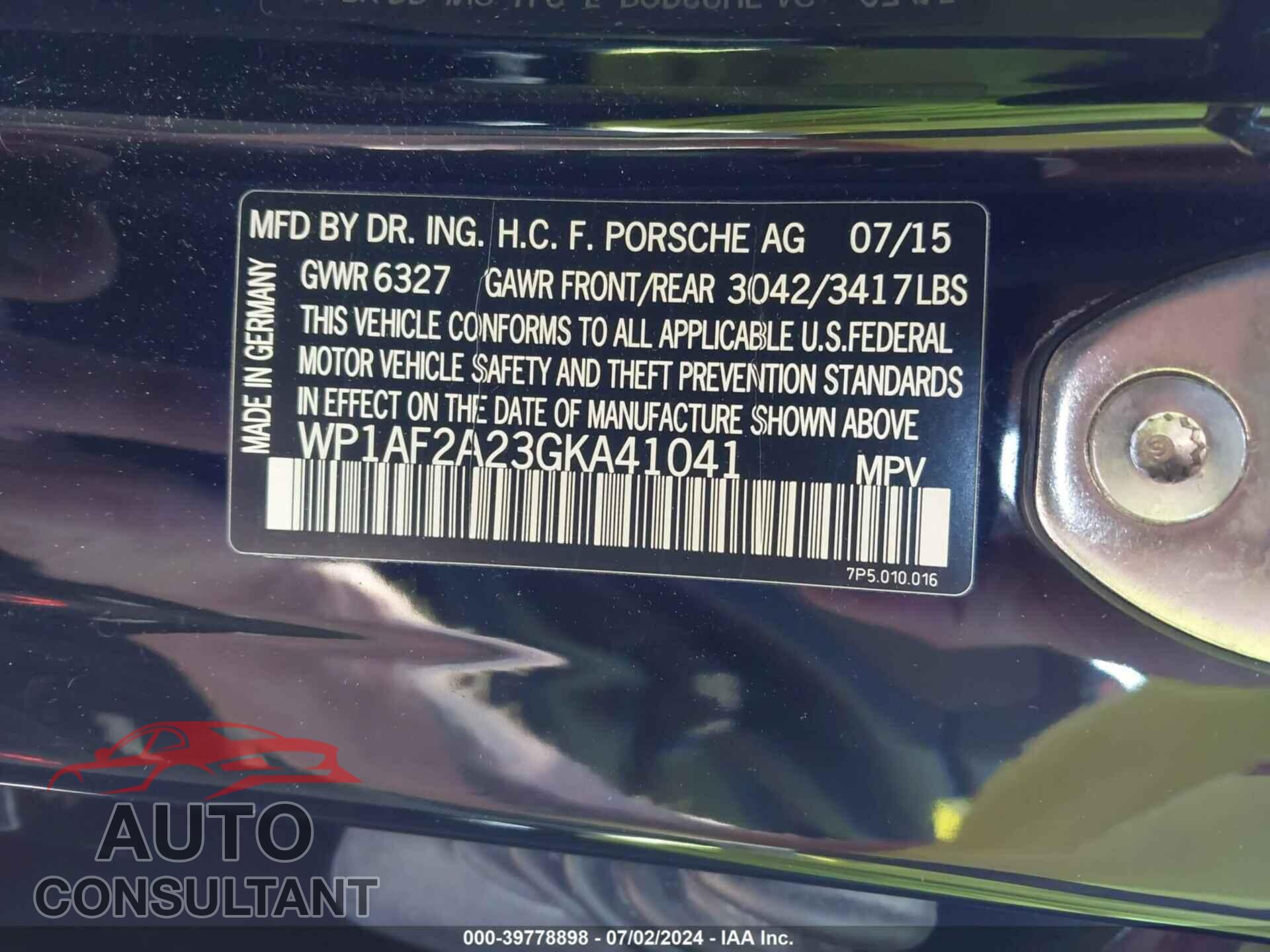 PORSCHE CAYENNE 2016 - WP1AF2A23GKA41041