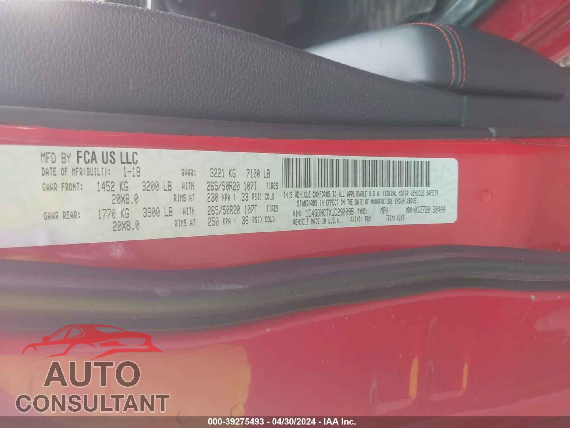 DODGE DURANGO 2018 - 1C4SDHCTXJC290099
