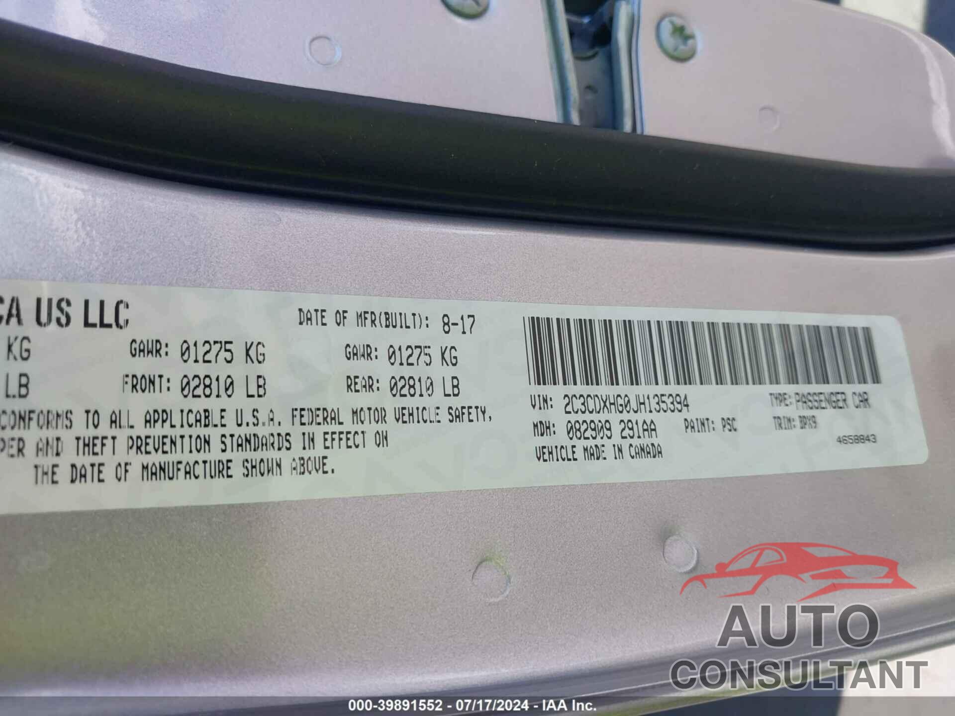 DODGE CHARGER 2018 - 2C3CDXHG0JH135394