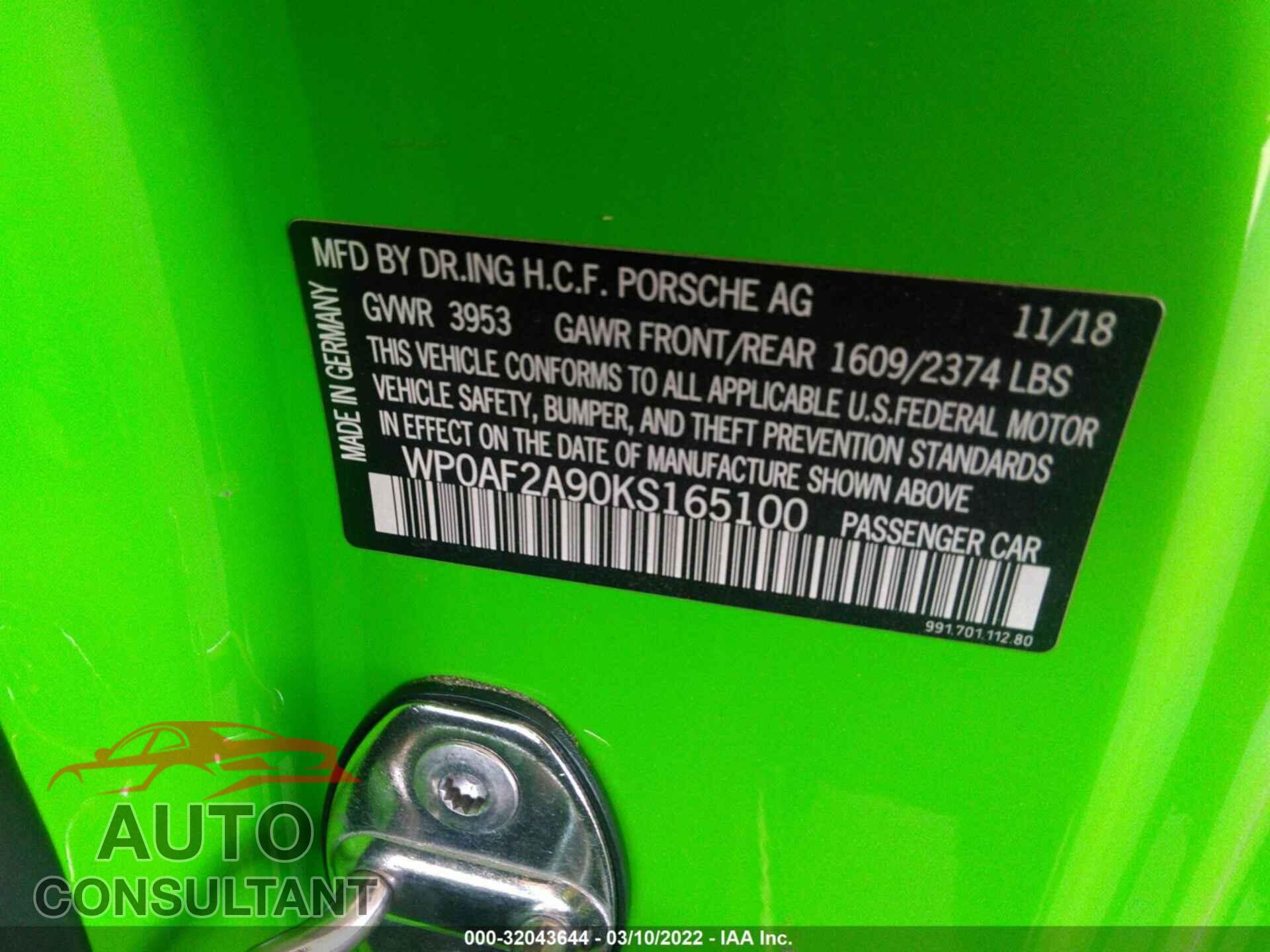 PORSCHE 911 2019 - WP0AF2A90KS165100