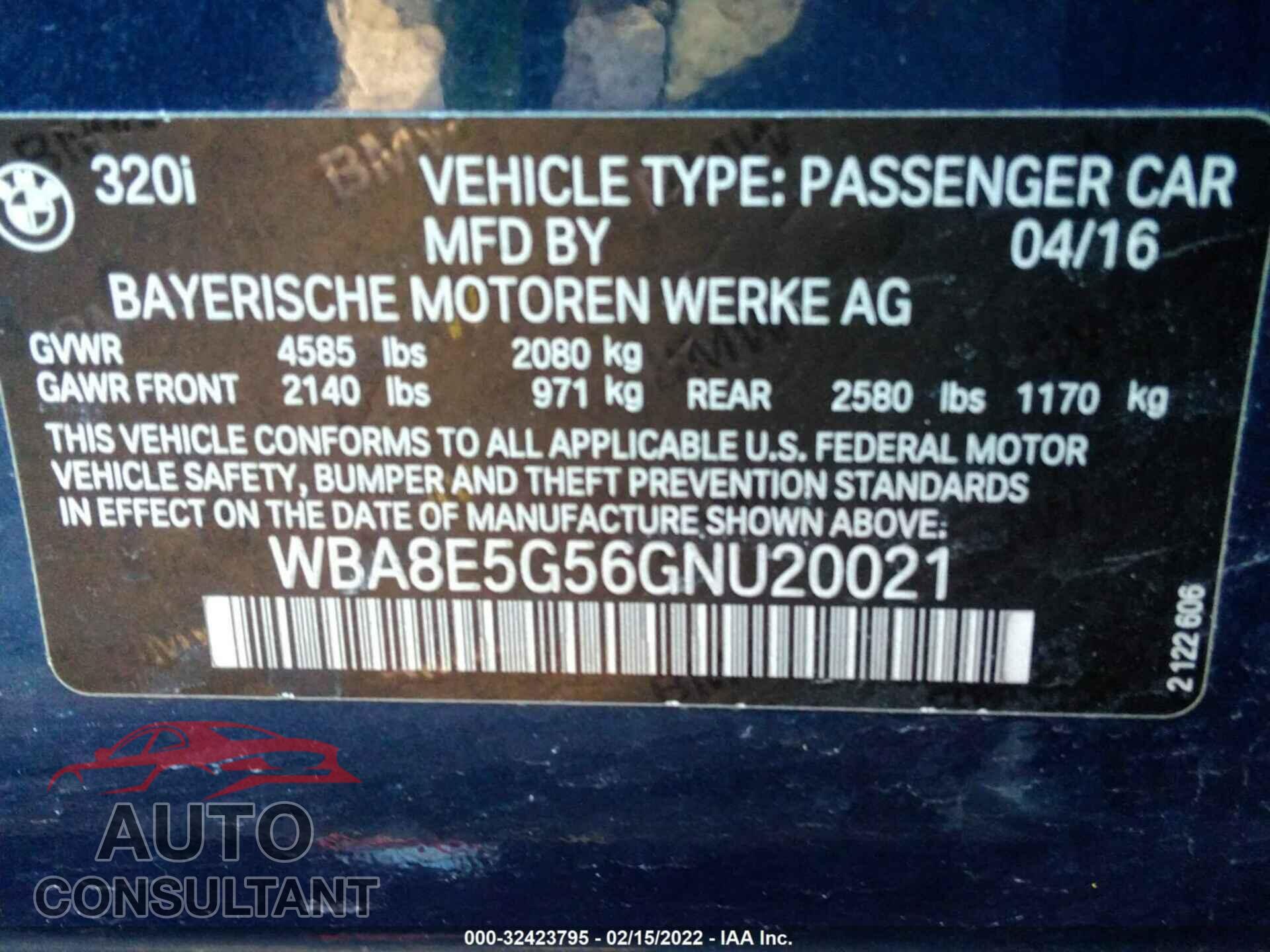 BMW 3 SERIES 2016 - WBA8E5G56GNU20021