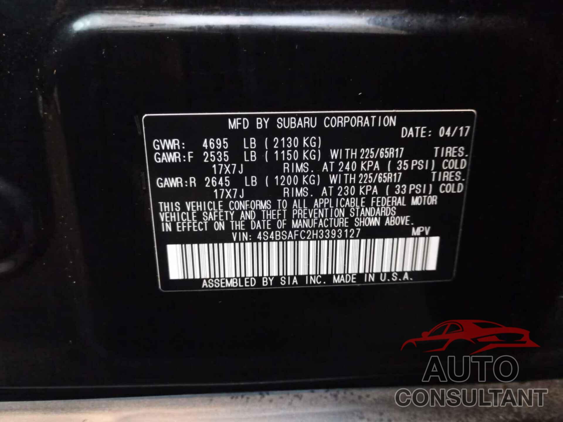 SUBARU OUTBACK 2017 - 4S4BSAFC2H3393127