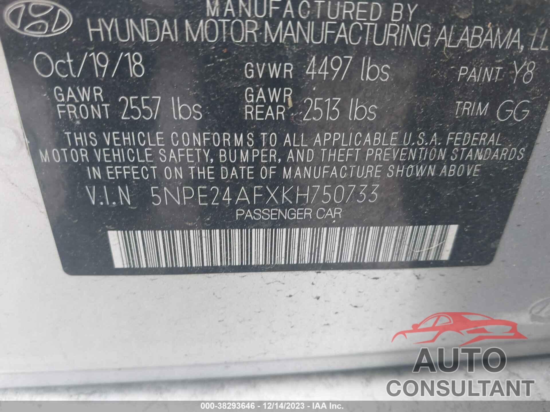 HYUNDAI SONATA 2019 - 5NPE24AFXKH750733