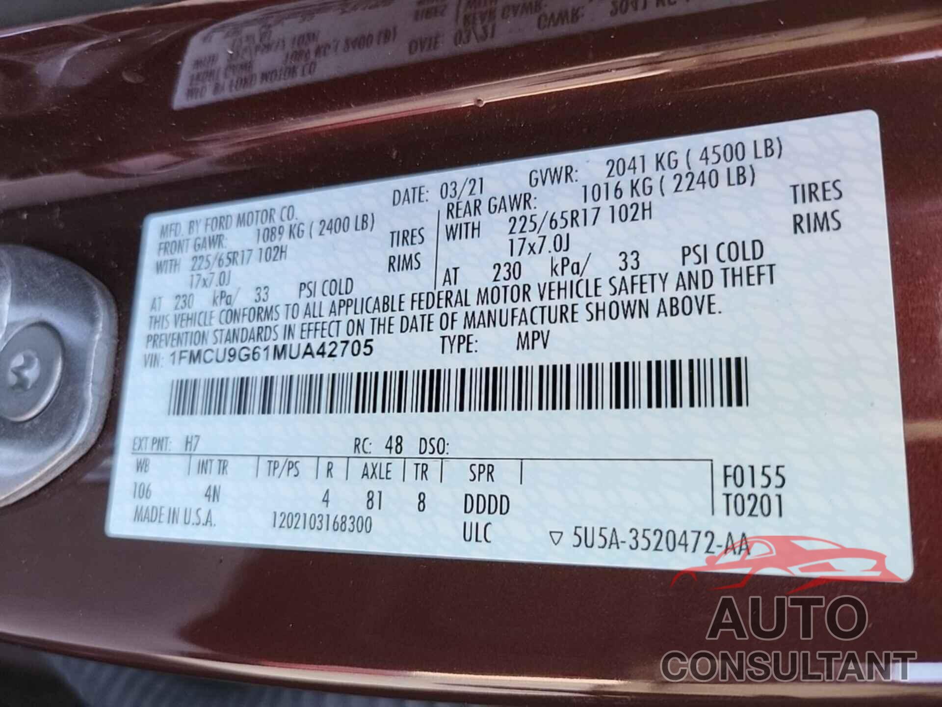 FORD ESCAPE 2021 - 1FMCU9G61MUA42705
