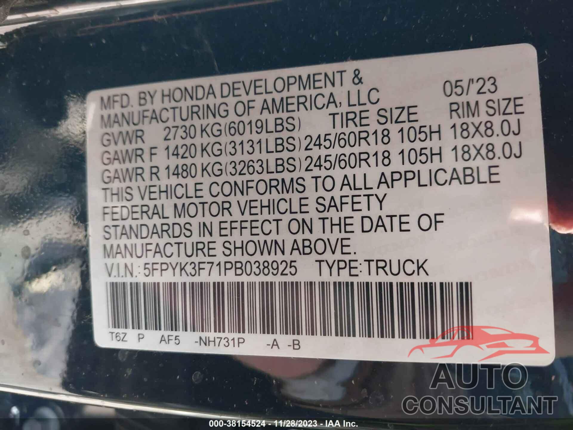 HONDA RIDGELINE 2023 - 5FPYK3F71PB038925