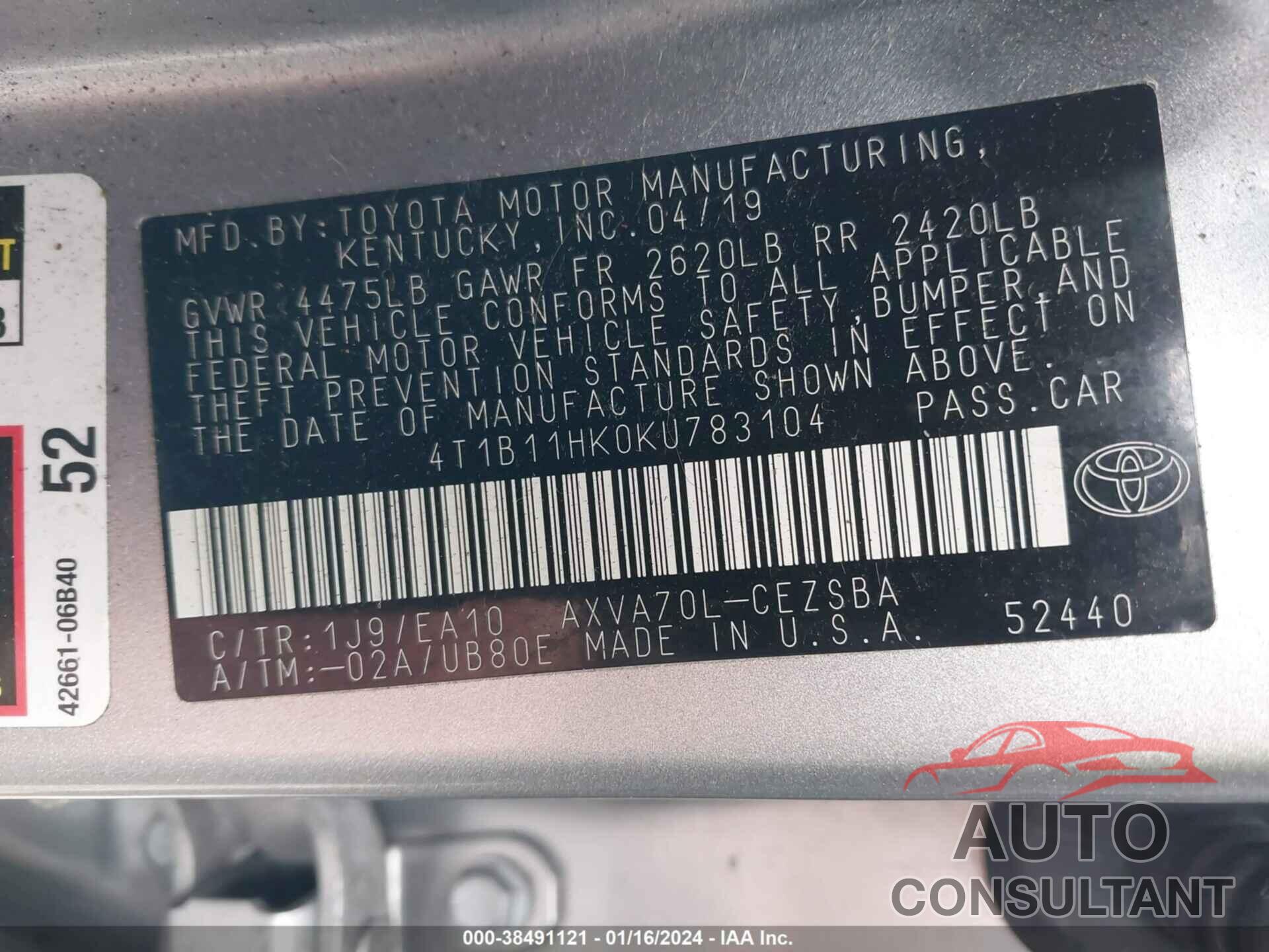 TOYOTA CAMRY 2019 - 4T1B11HK0KU783104