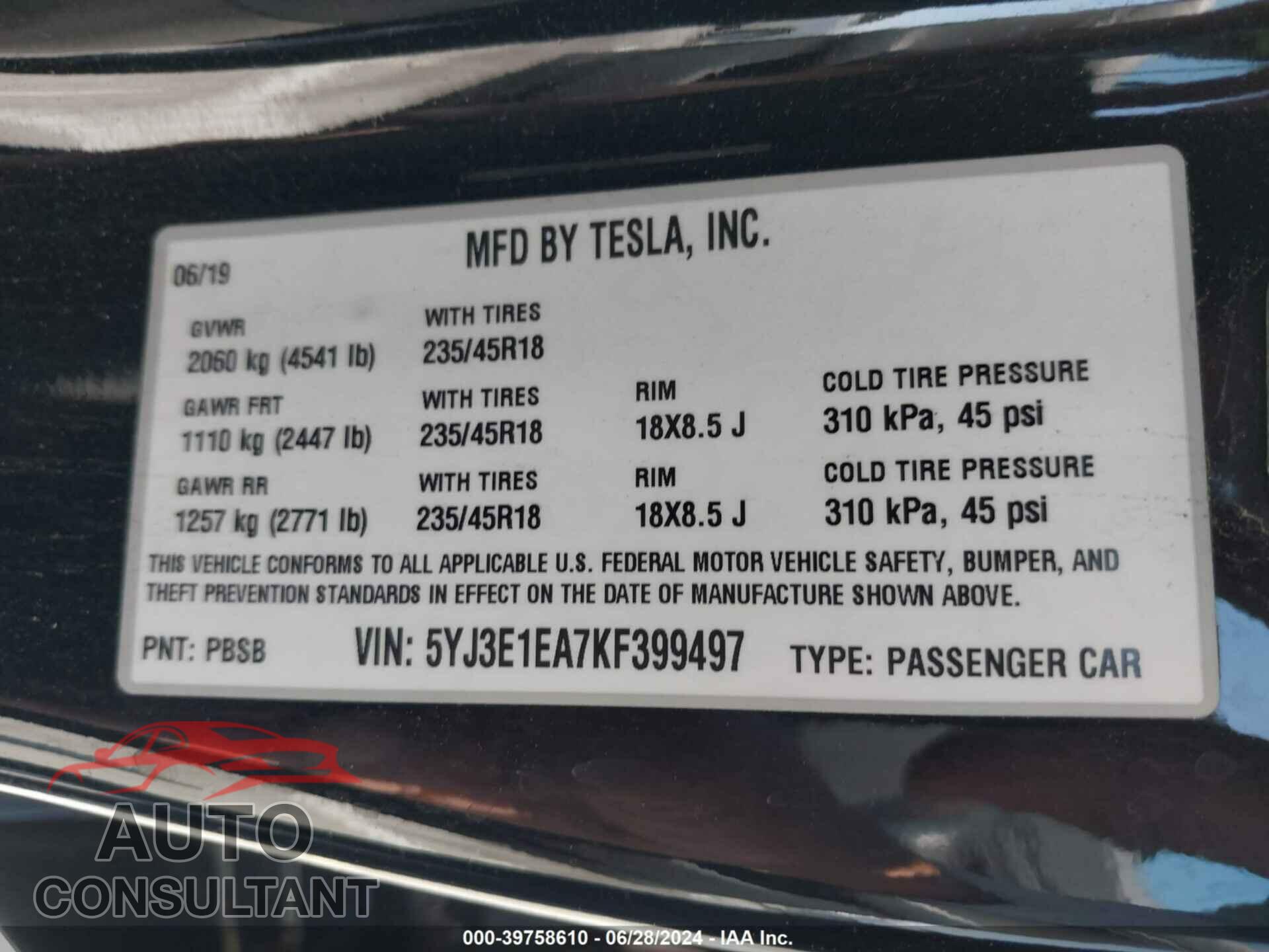 TESLA MODEL 3 2019 - 5YJ3E1EA7KF399497
