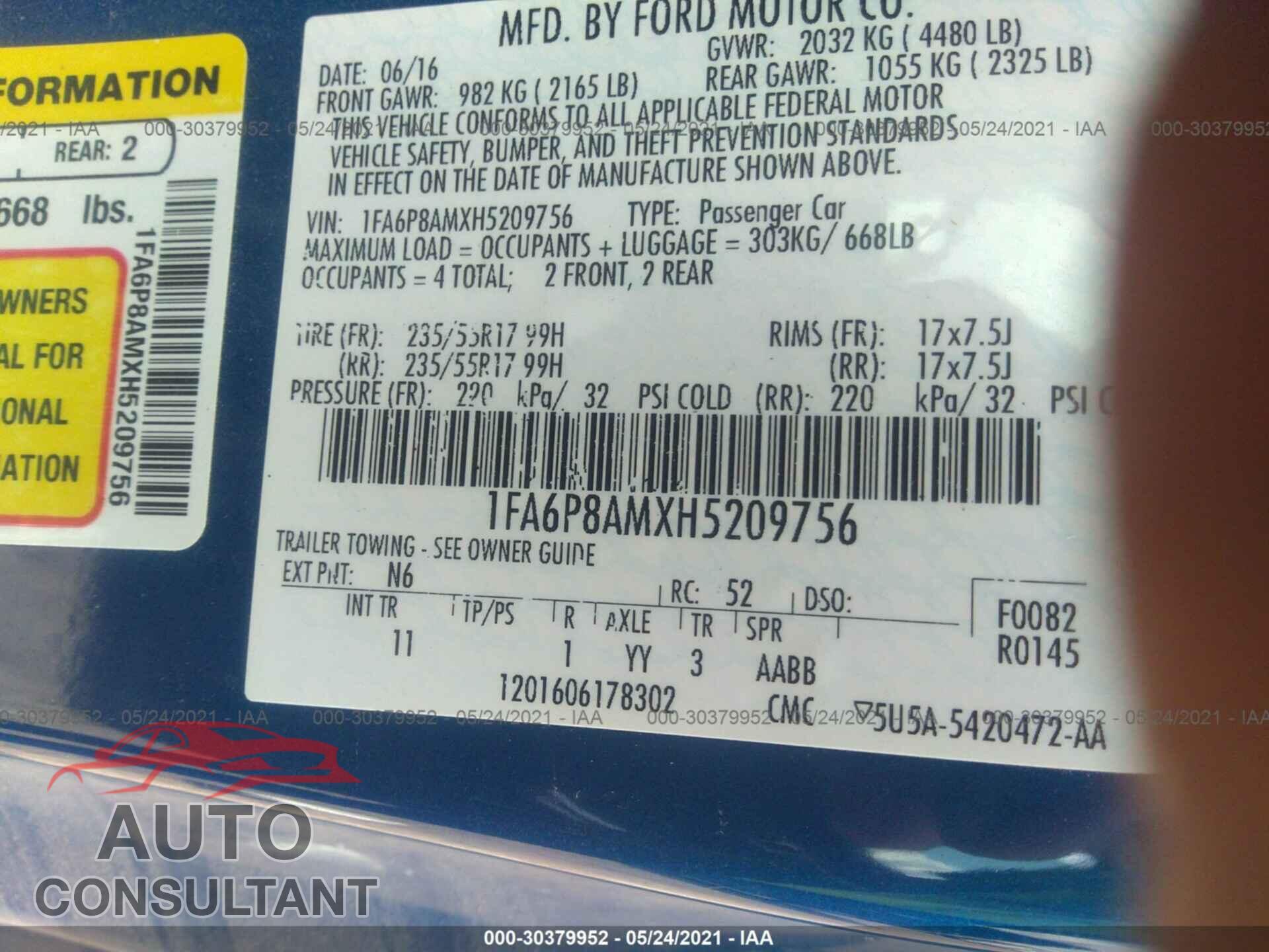 FORD MUSTANG 2017 - 1FA6P8AMXH5209756