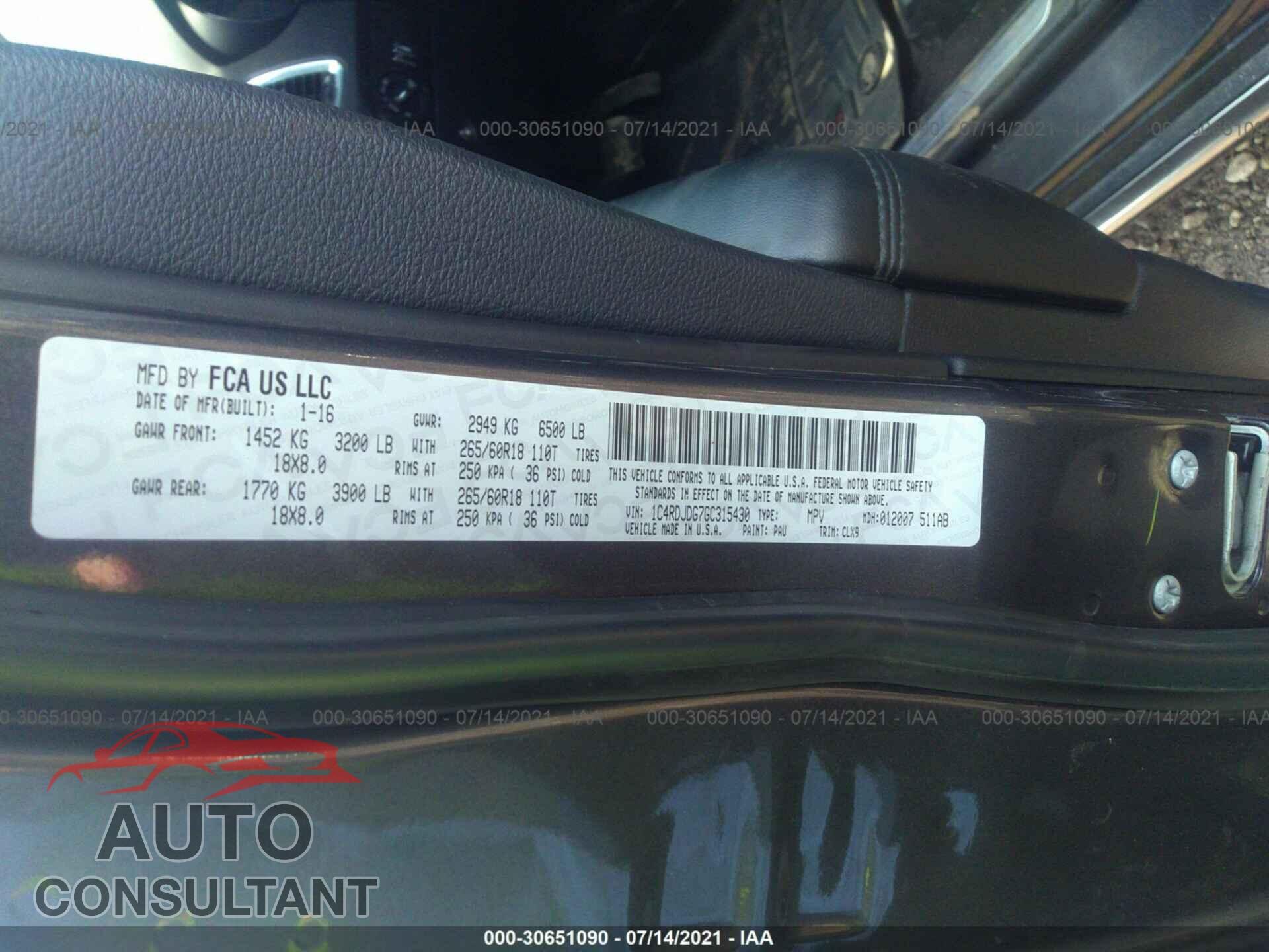 DODGE DURANGO 2016 - 1C4RDJDG7GC315430