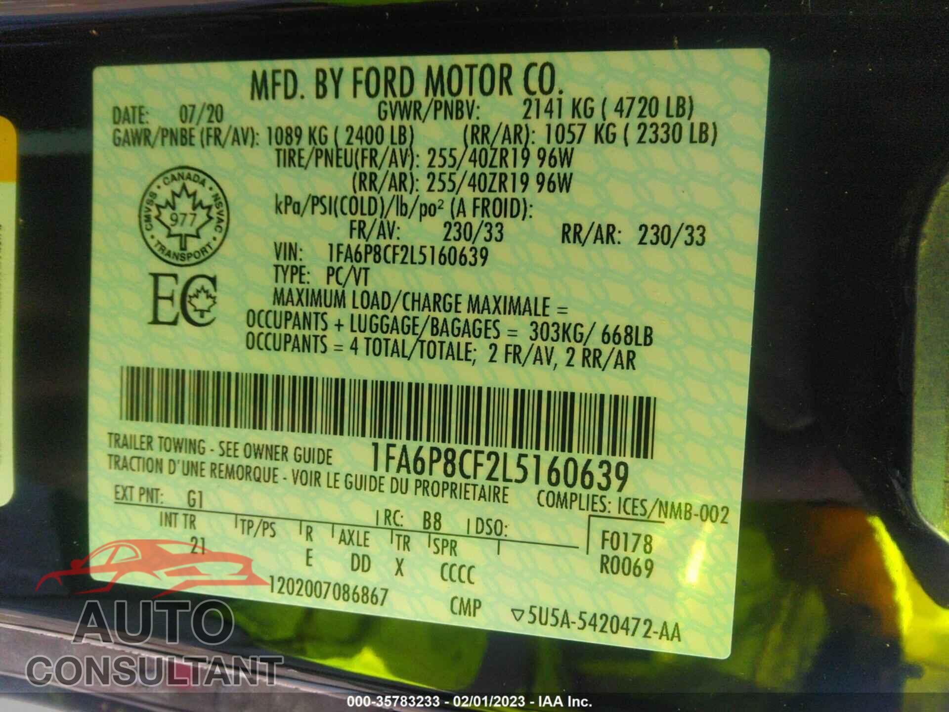 FORD MUSTANG 2020 - 1FA6P8CF2L5160639