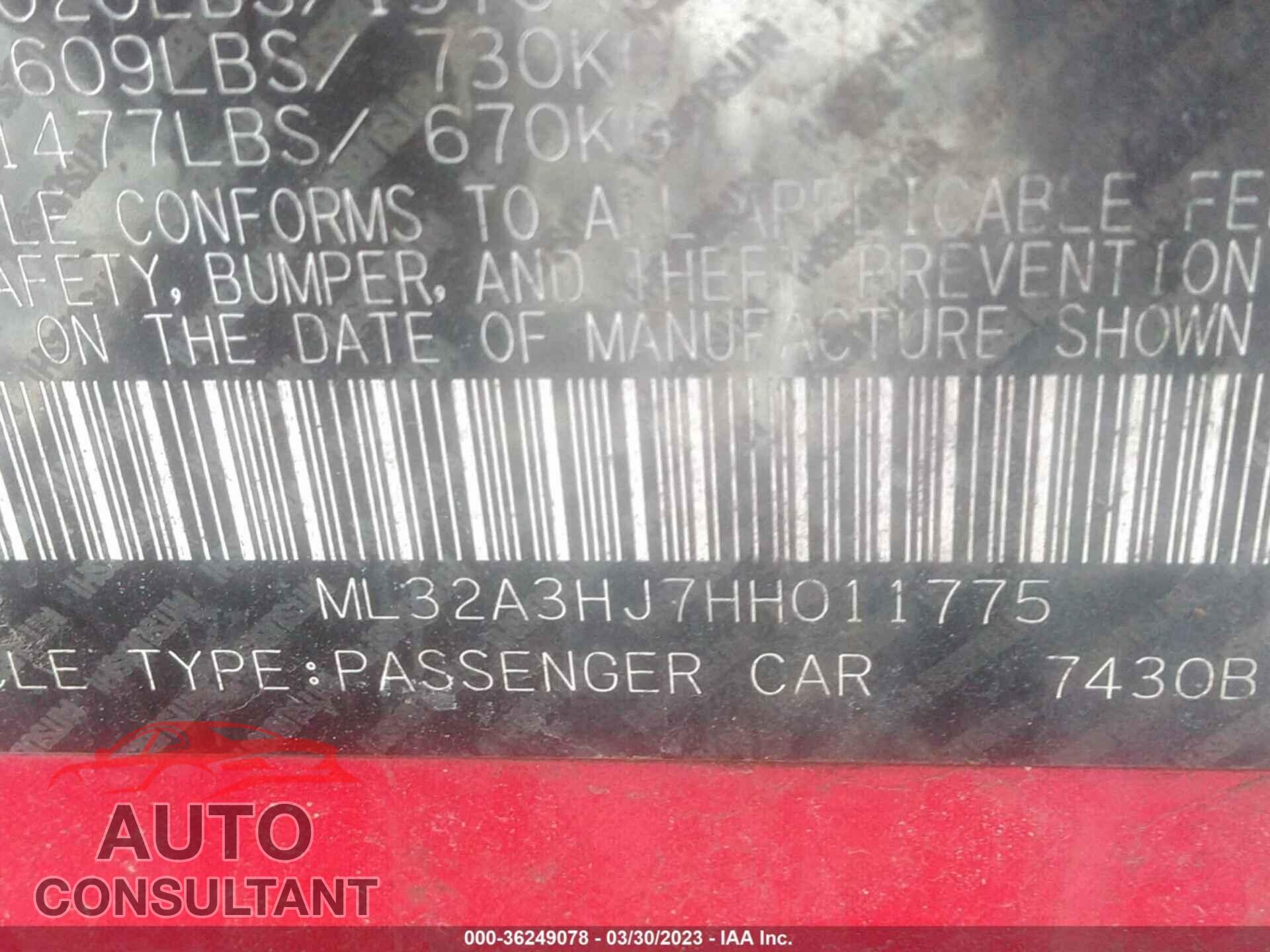 MITSUBISHI MIRAGE 2017 - ML32A3HJ7HH011775