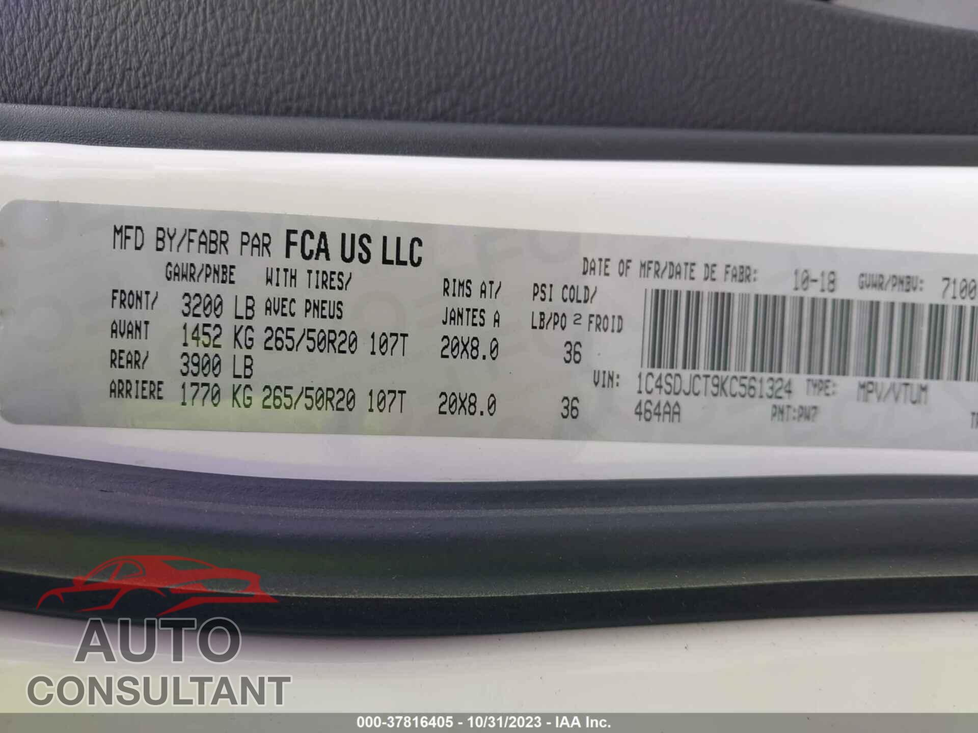 DODGE DURANGO 2019 - 1C4SDJCT9KC561324