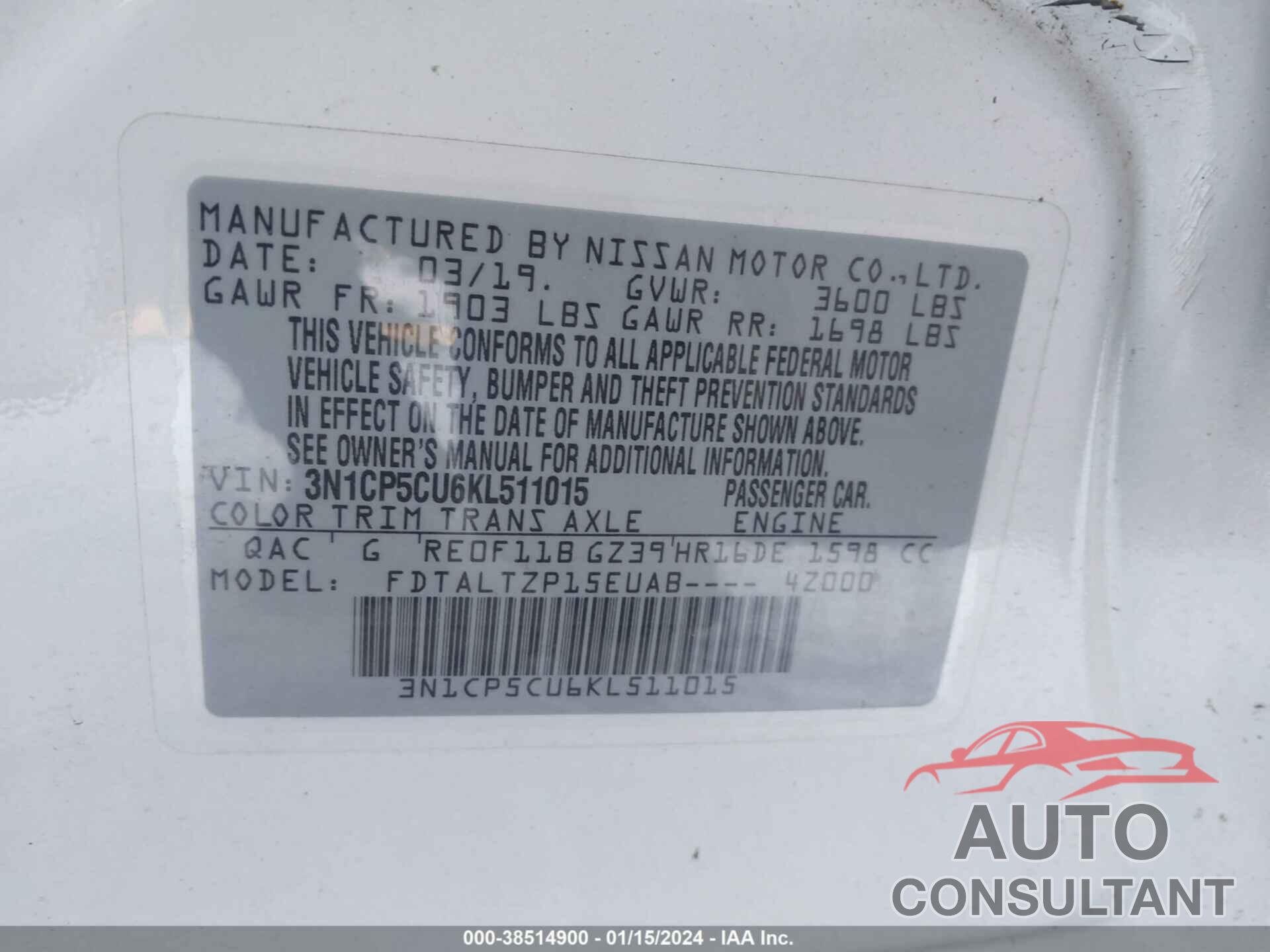 NISSAN KICKS 2019 - 3N1CP5CU6KL511015