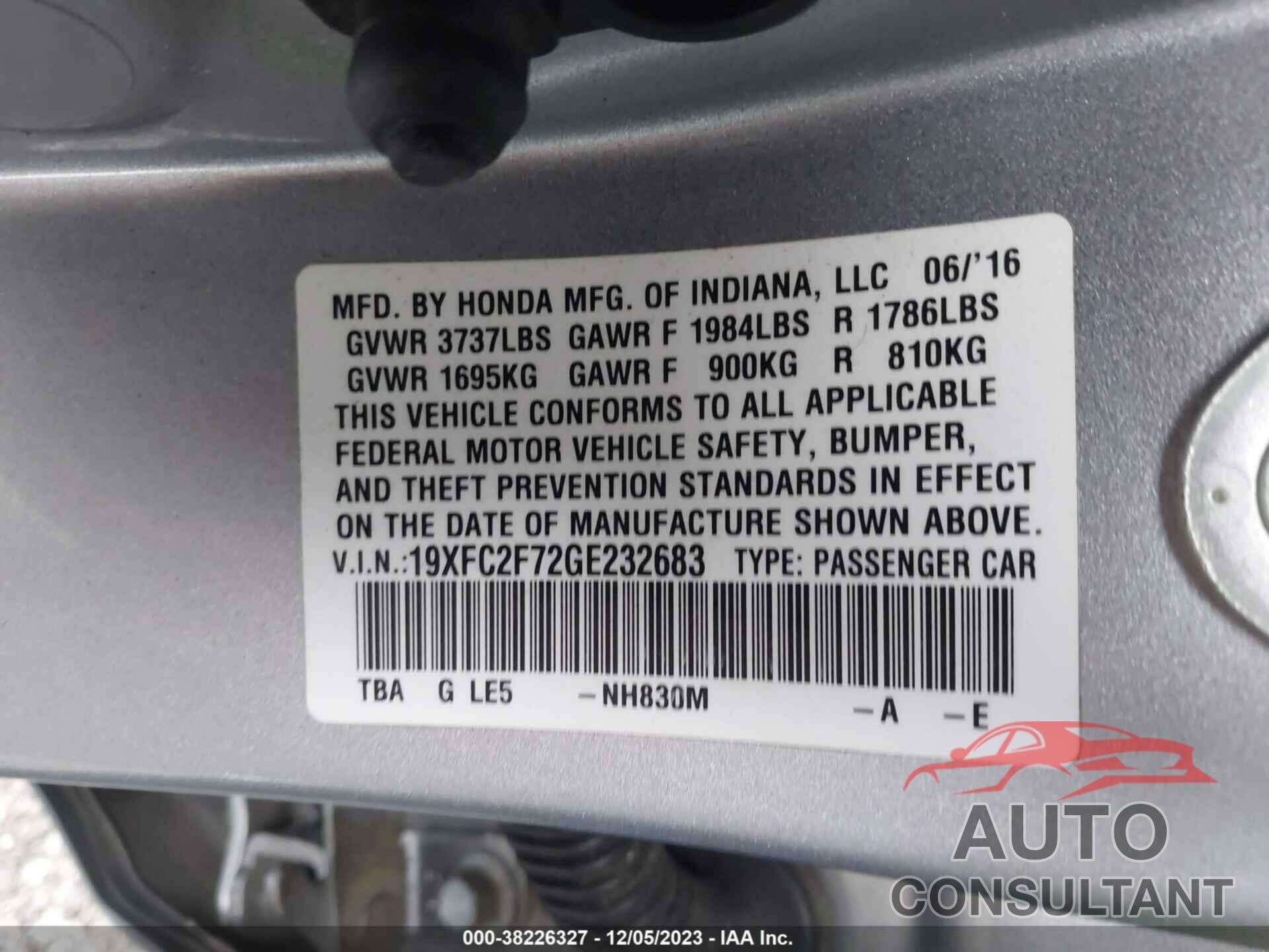 HONDA CIVIC 2016 - 19XFC2F72GE232683