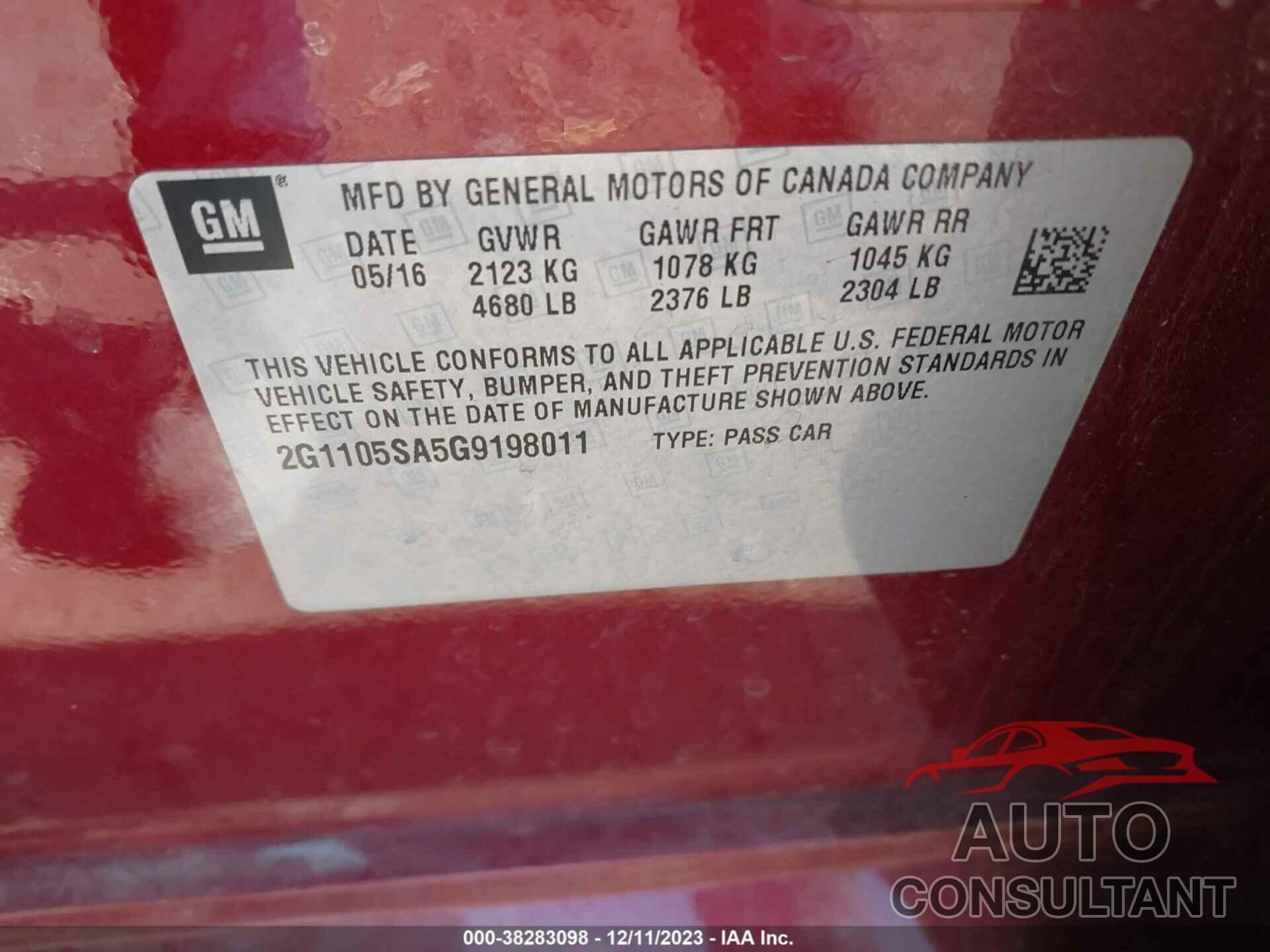 CHEVROLET IMPALA 2016 - 2G1105SA5G9198011