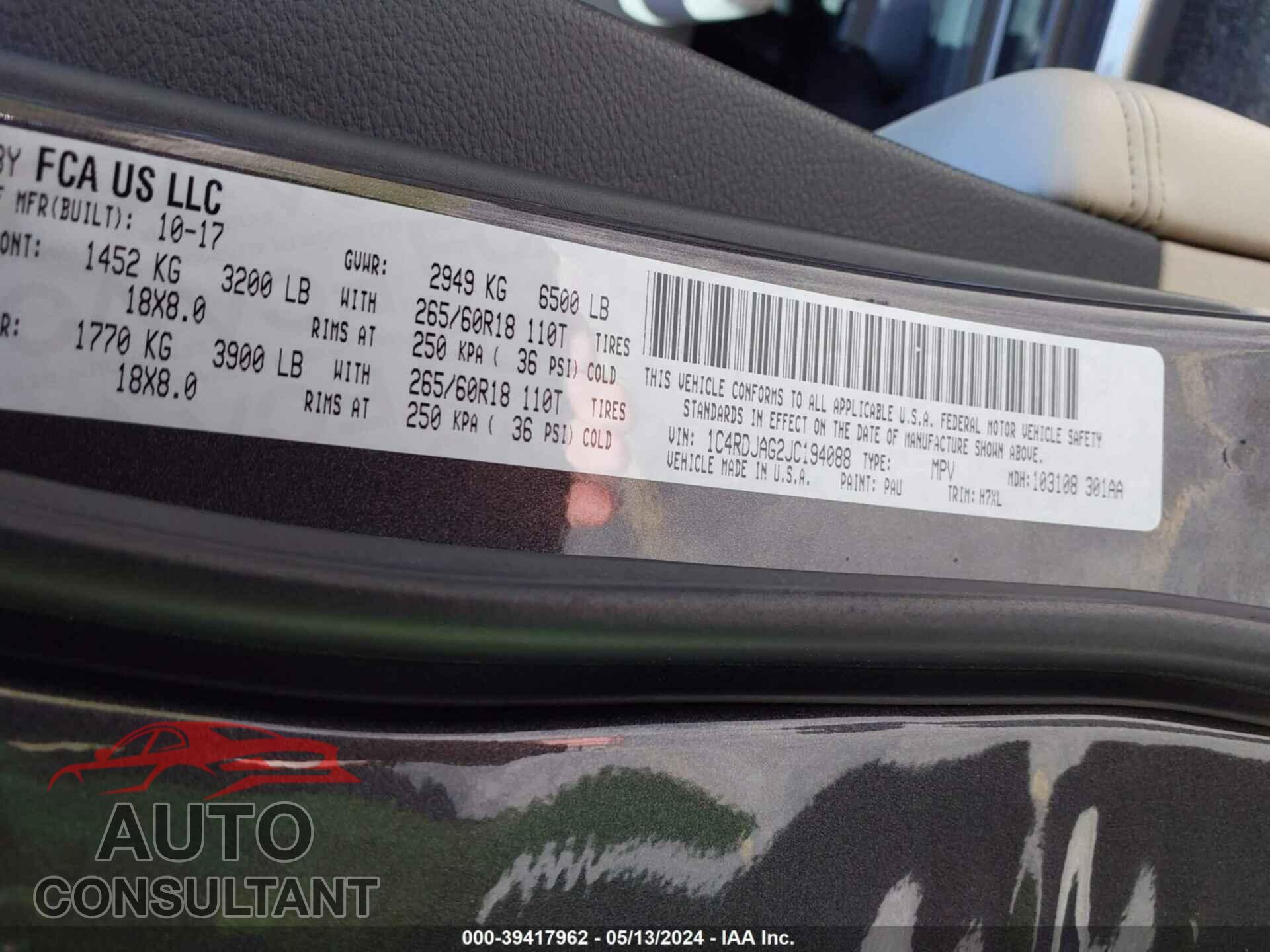 DODGE DURANGO 2018 - 1C4RDJAG2JC194088