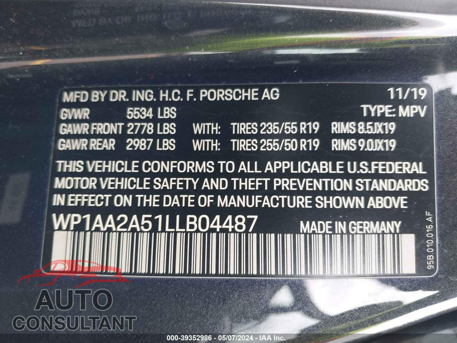 PORSCHE MACAN 2020 - WP1AA2A51LLB04487