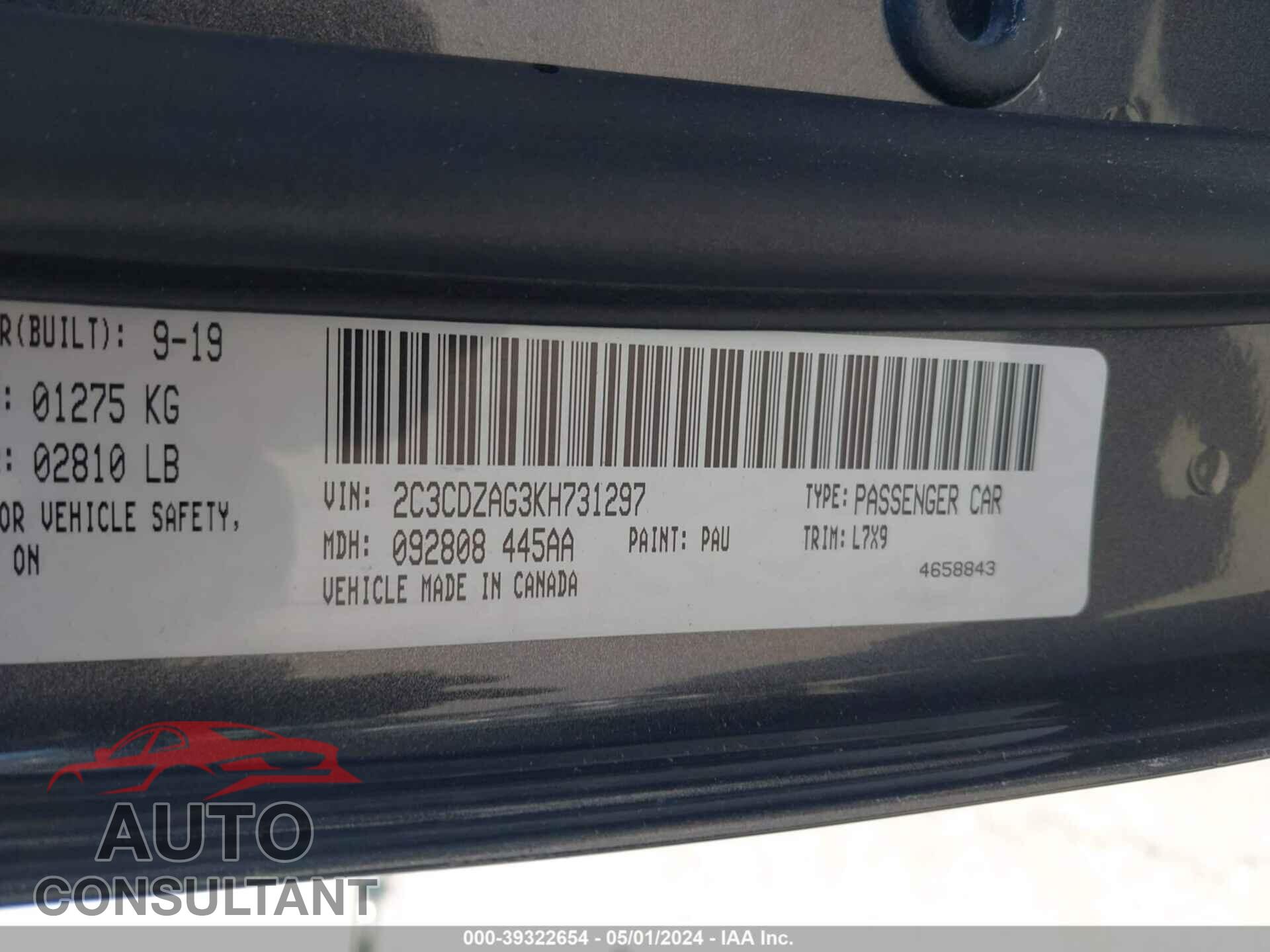 DODGE CHALLENGER 2019 - 2C3CDZAG3KH731297