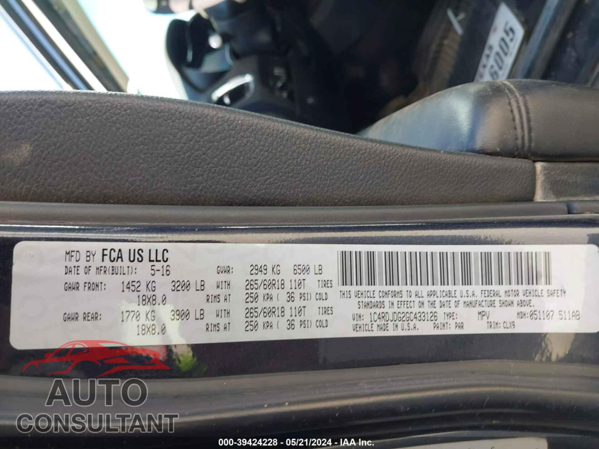 DODGE DURANGO 2016 - 1C4RDJDG2GC433126