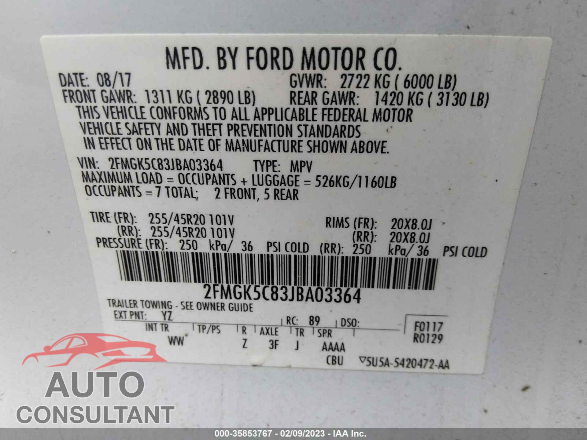 FORD FLEX 2018 - 2FMGK5C83JBA03364