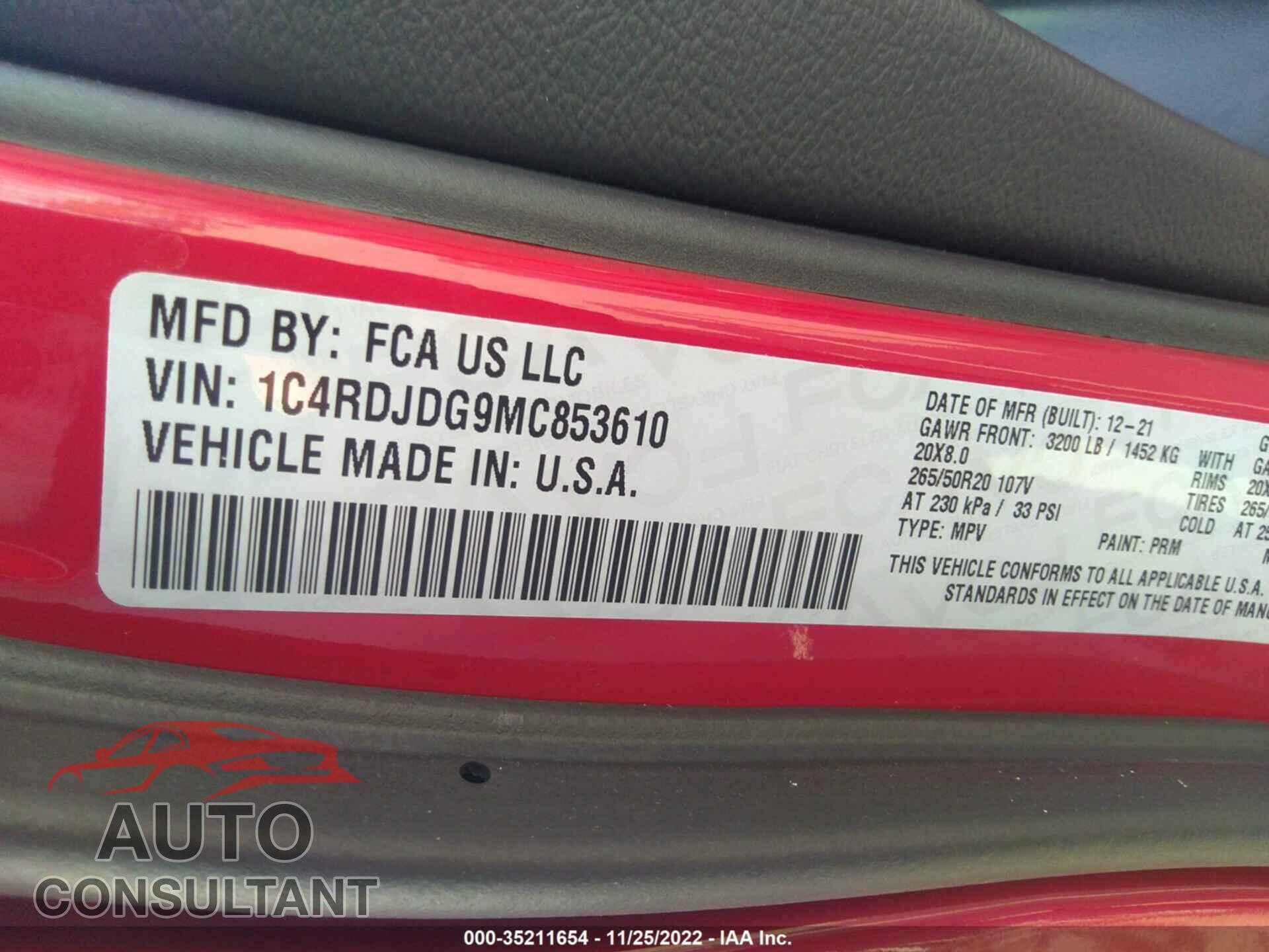 DODGE DURANGO 2021 - 1C4RDJDG9MC853610