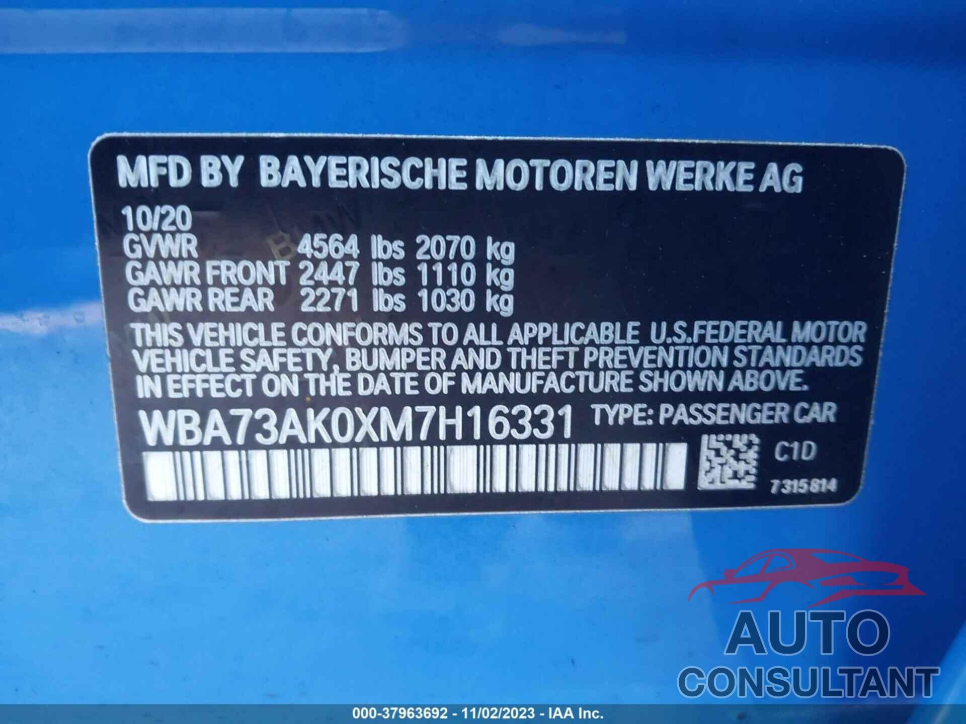 BMW 2 SERIES 2021 - WBA73AK0XM7H16331