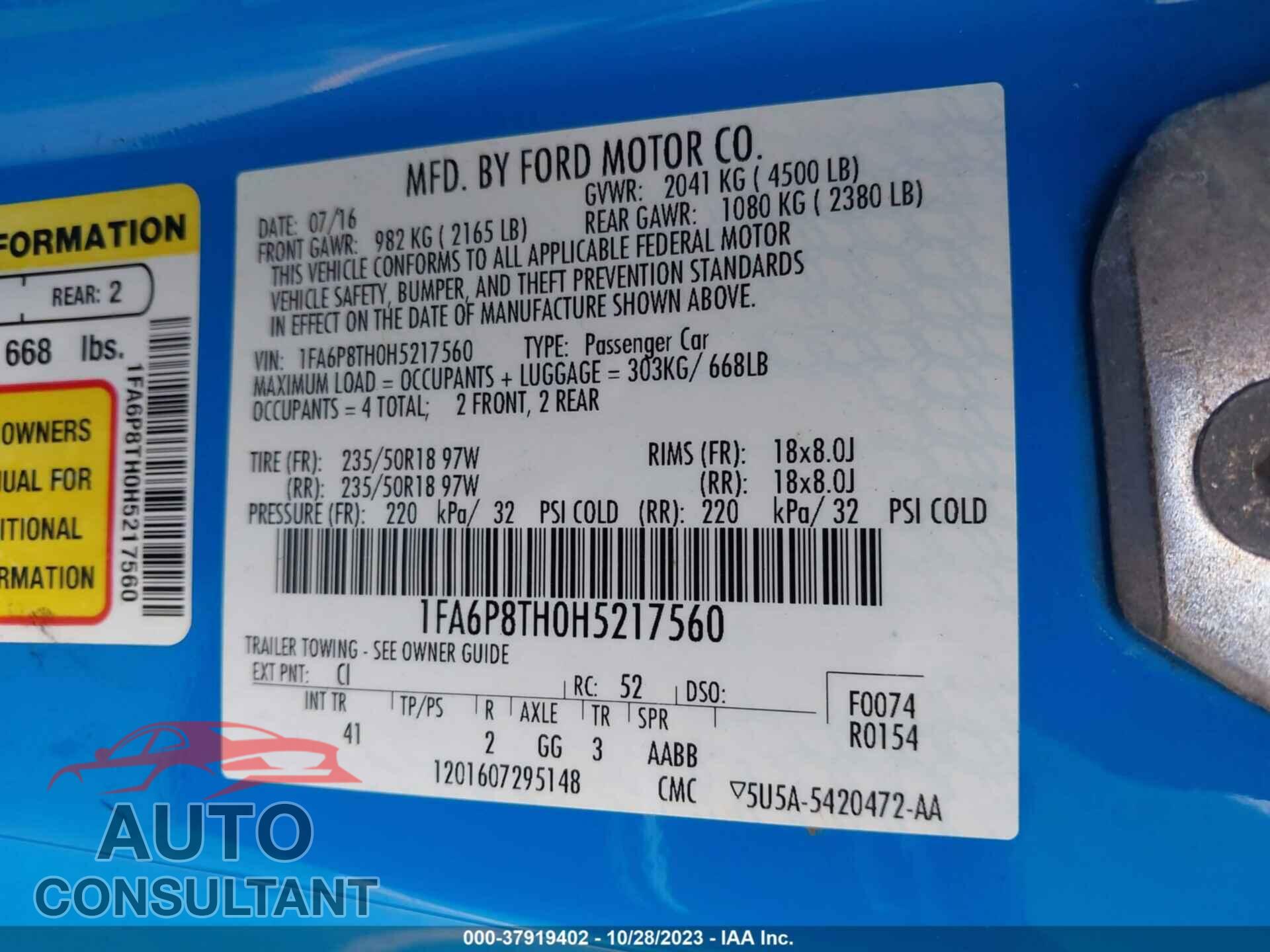 FORD MUSTANG 2017 - 1FA6P8TH0H5217560