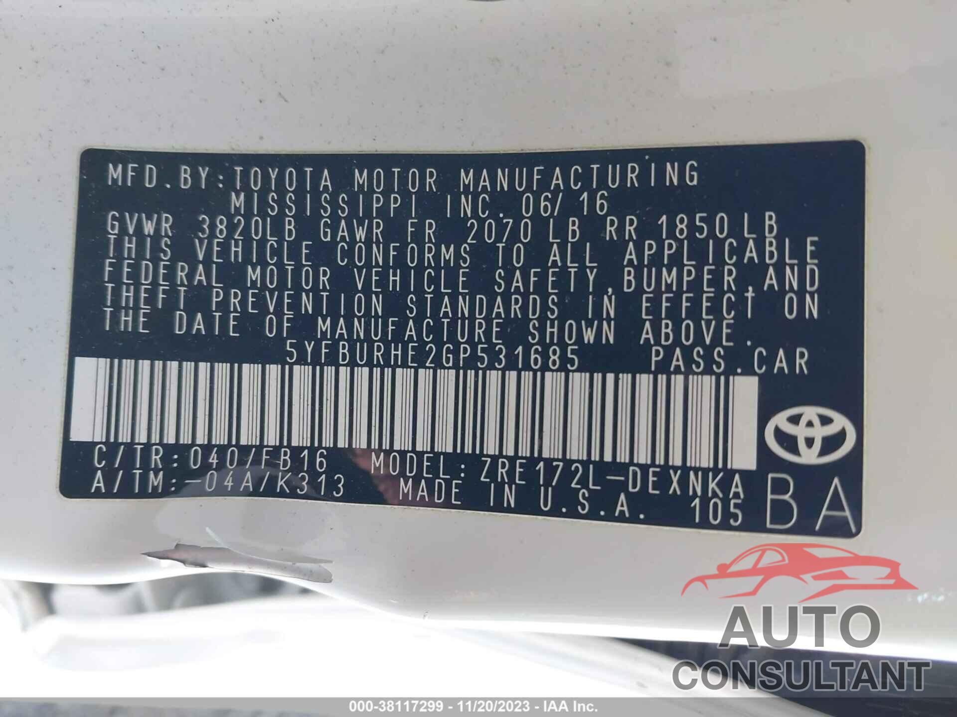 TOYOTA COROLLA 2016 - 5YFBURHE2GP531685