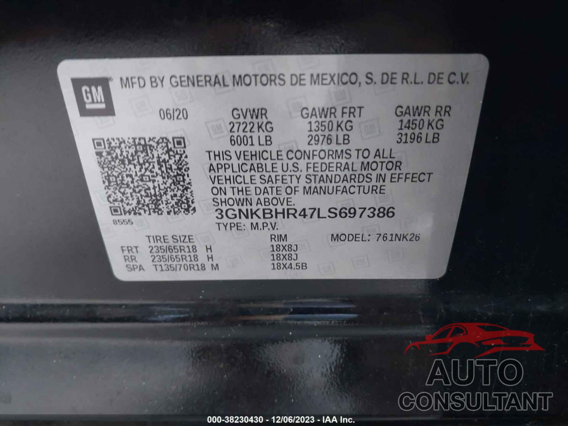 CHEVROLET BLAZER 2020 - 3GNKBHR47LS697386