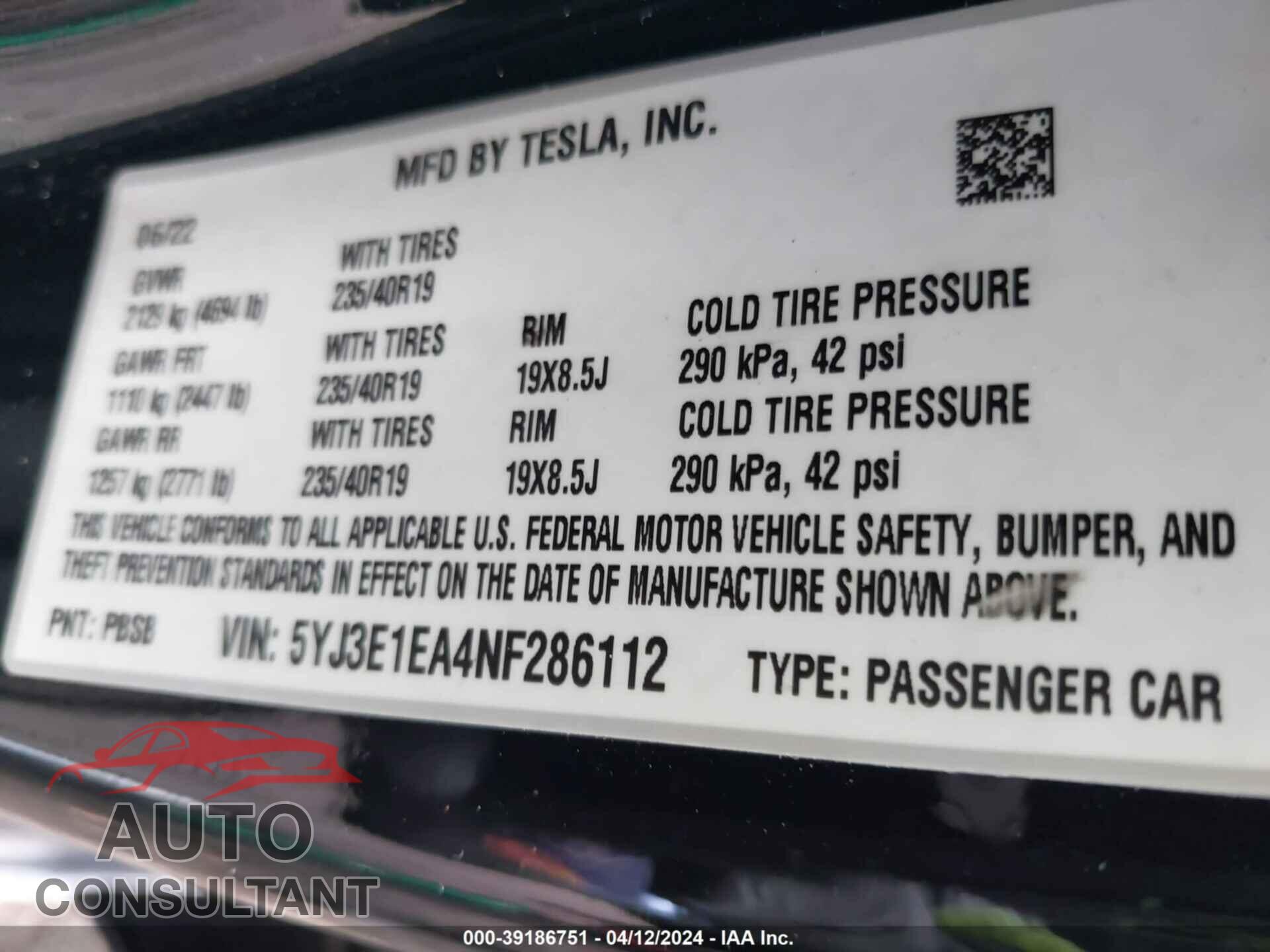 TESLA MODEL 3 2022 - 5YJ3E1EA4NF286112