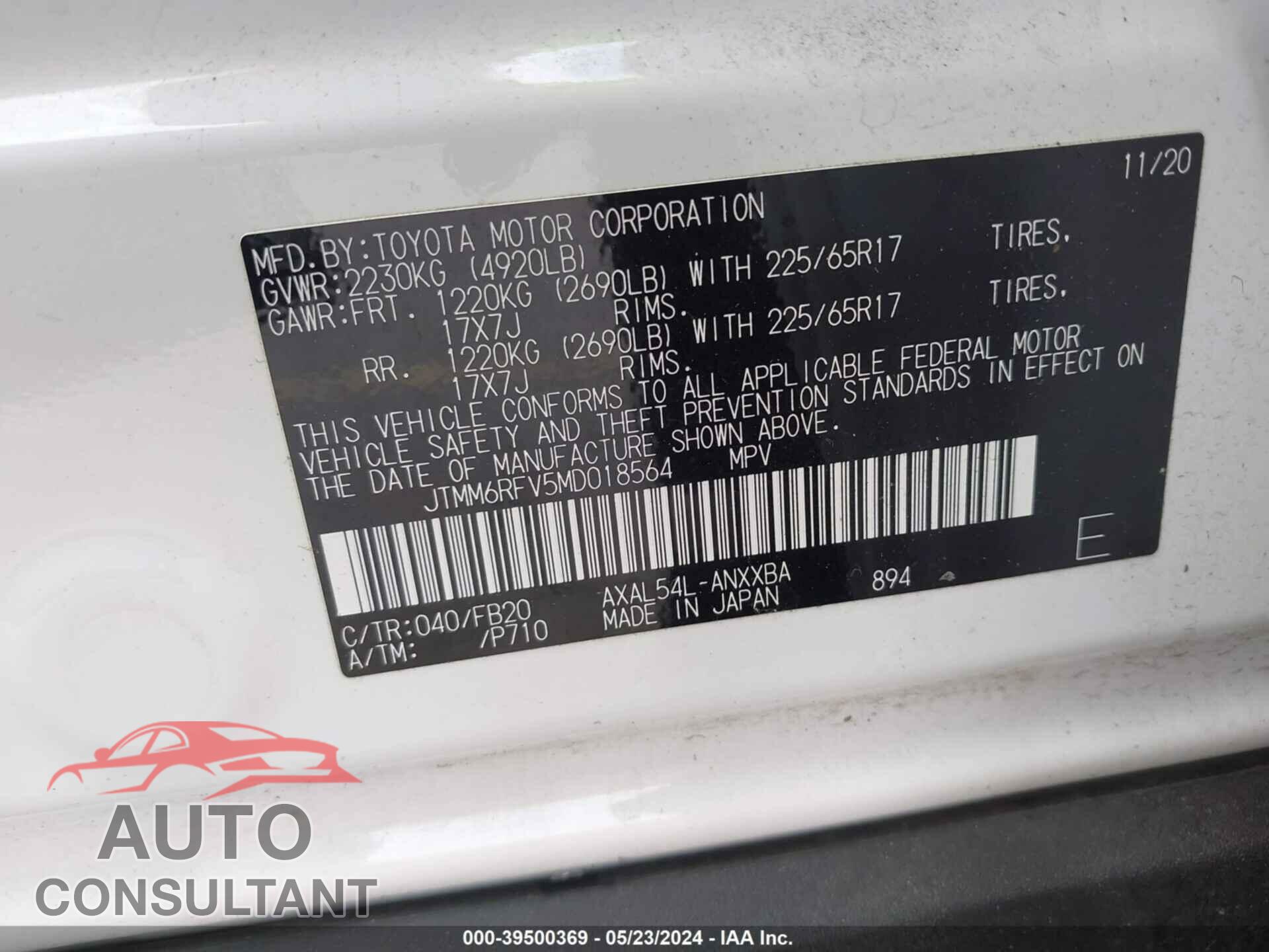 TOYOTA RAV4 2021 - JTMM6RFV5MD018564