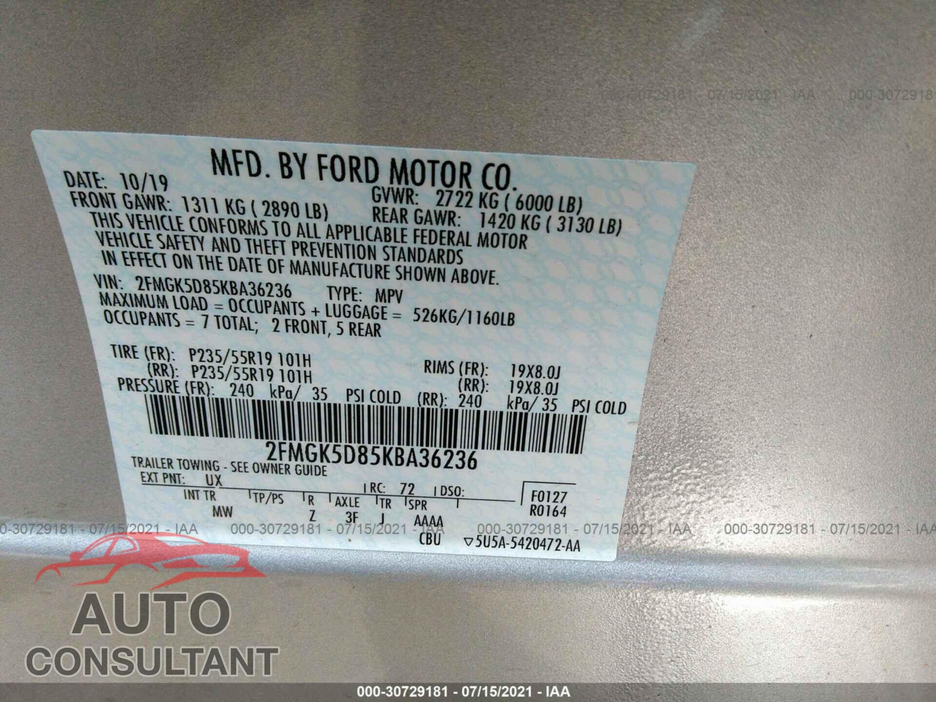 FORD FLEX 2019 - 2FMGK5D85KBA36236