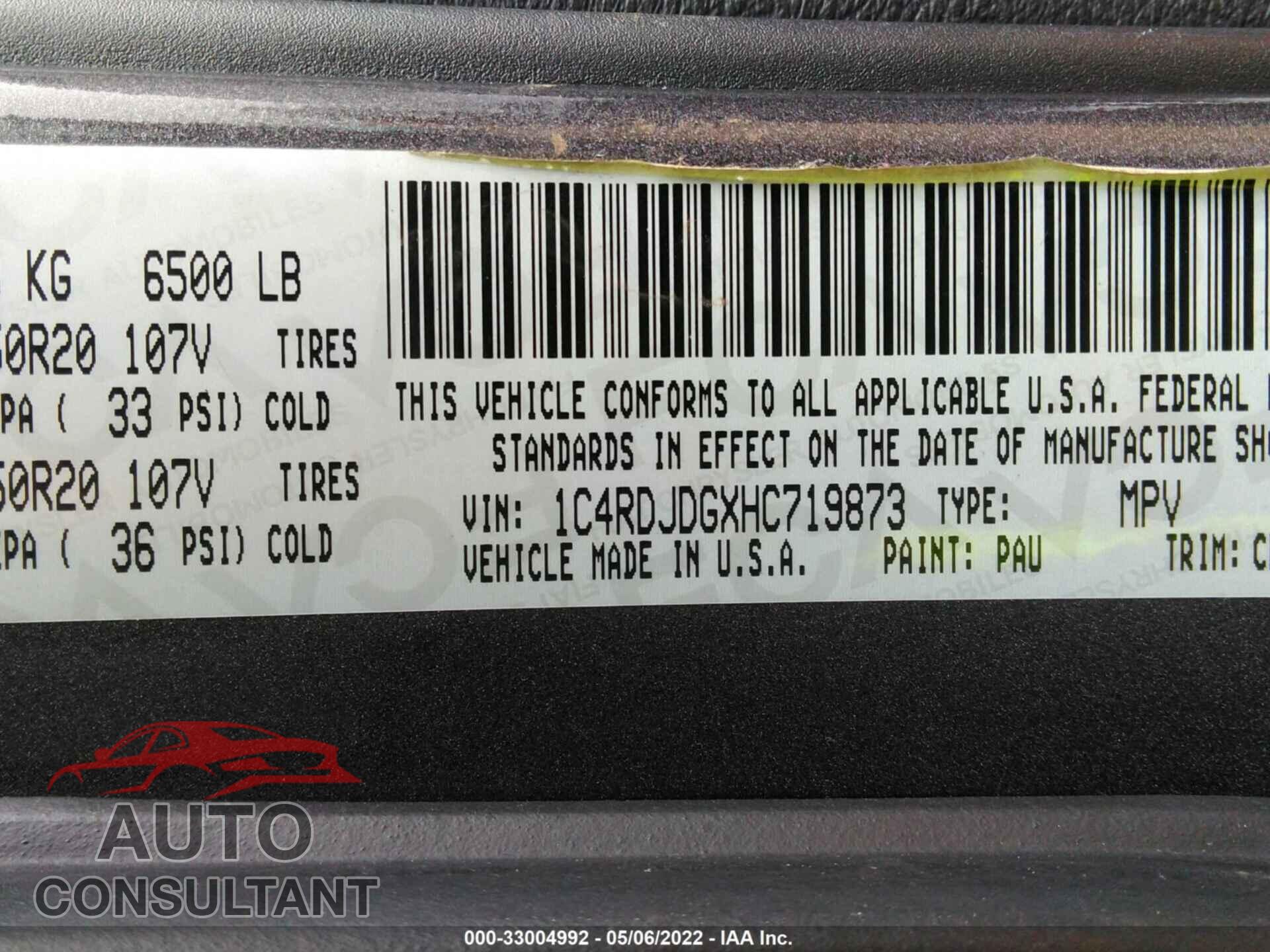 DODGE DURANGO 2017 - 1C4RDJDGXHC719873