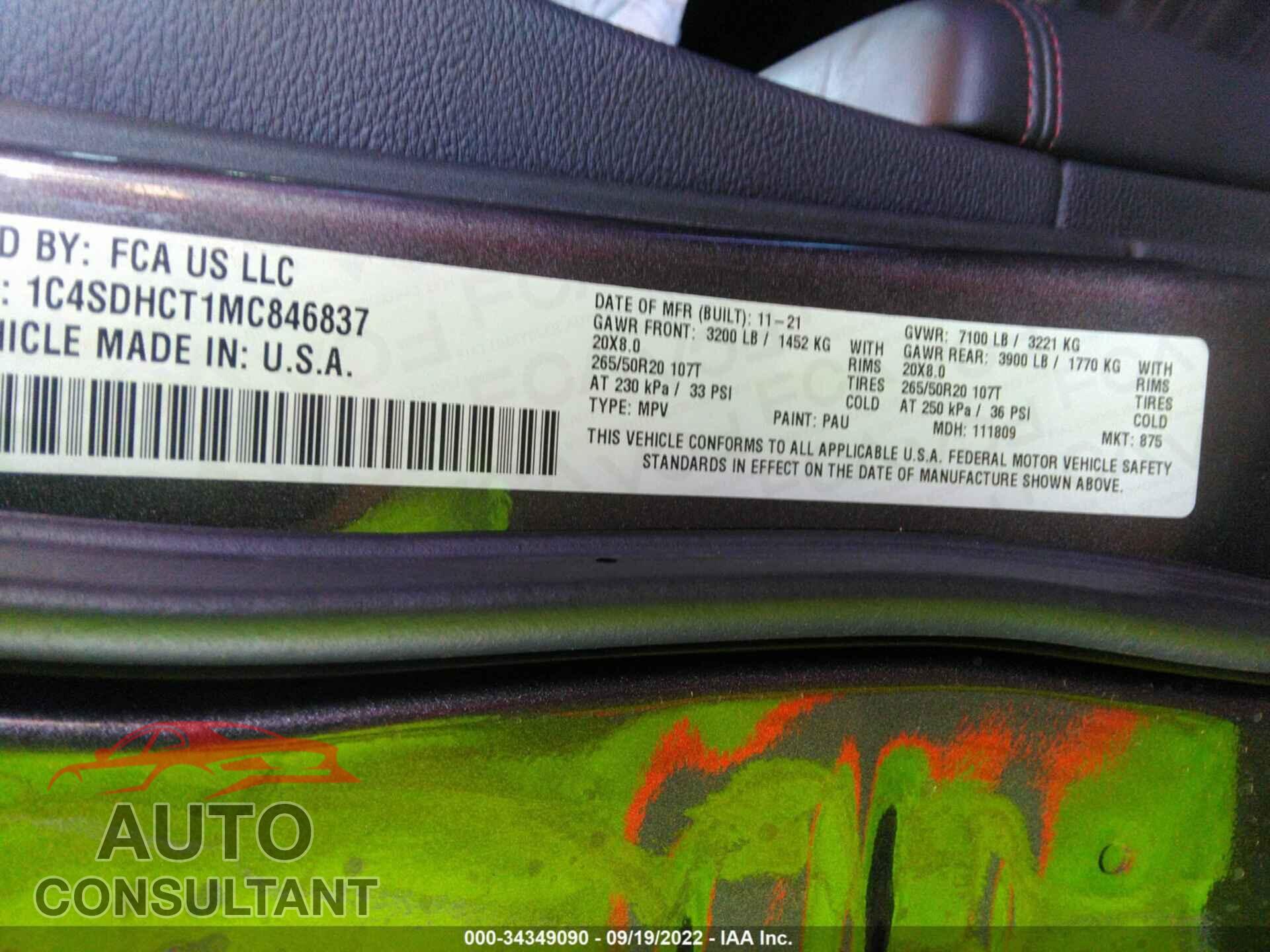 DODGE DURANGO 2021 - 1C4SDHCT1MC846837