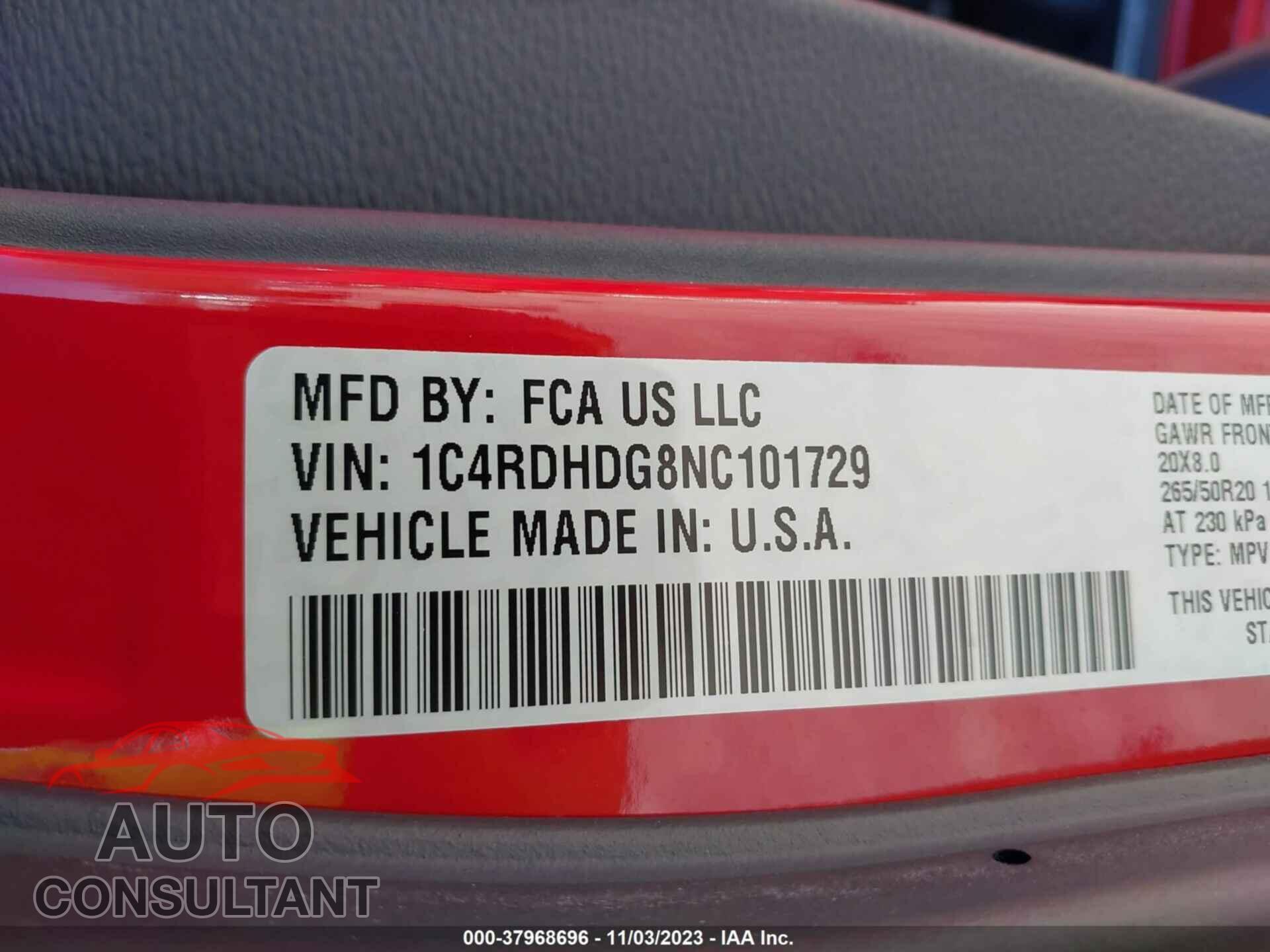 DODGE DURANGO 2022 - 1C4RDHDG8NC101729