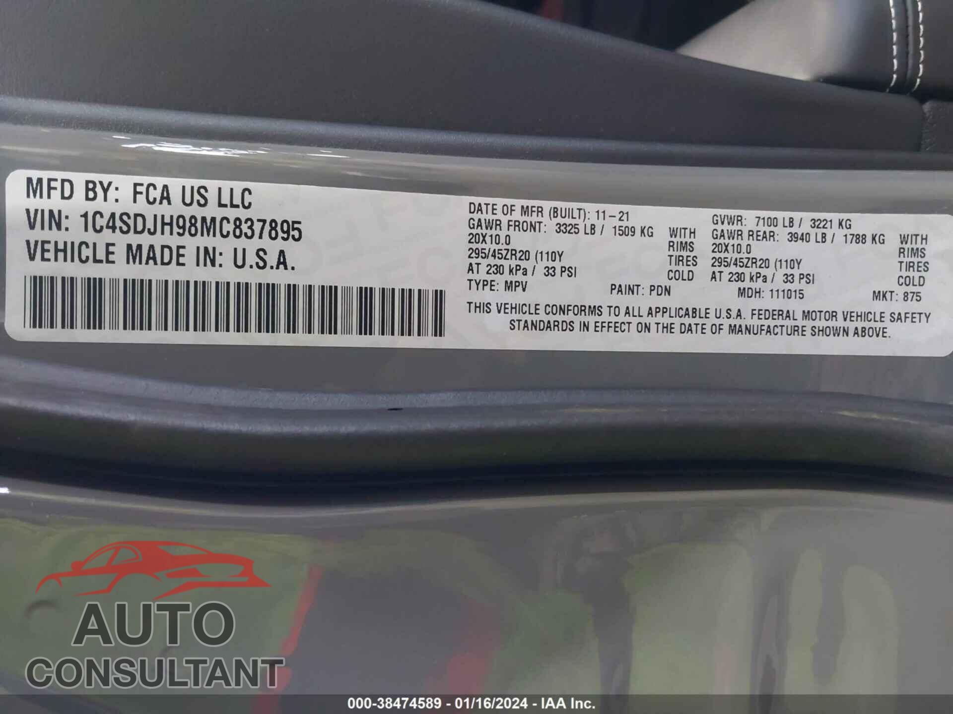 DODGE DURANGO 2021 - 1C4SDJH98MC837895