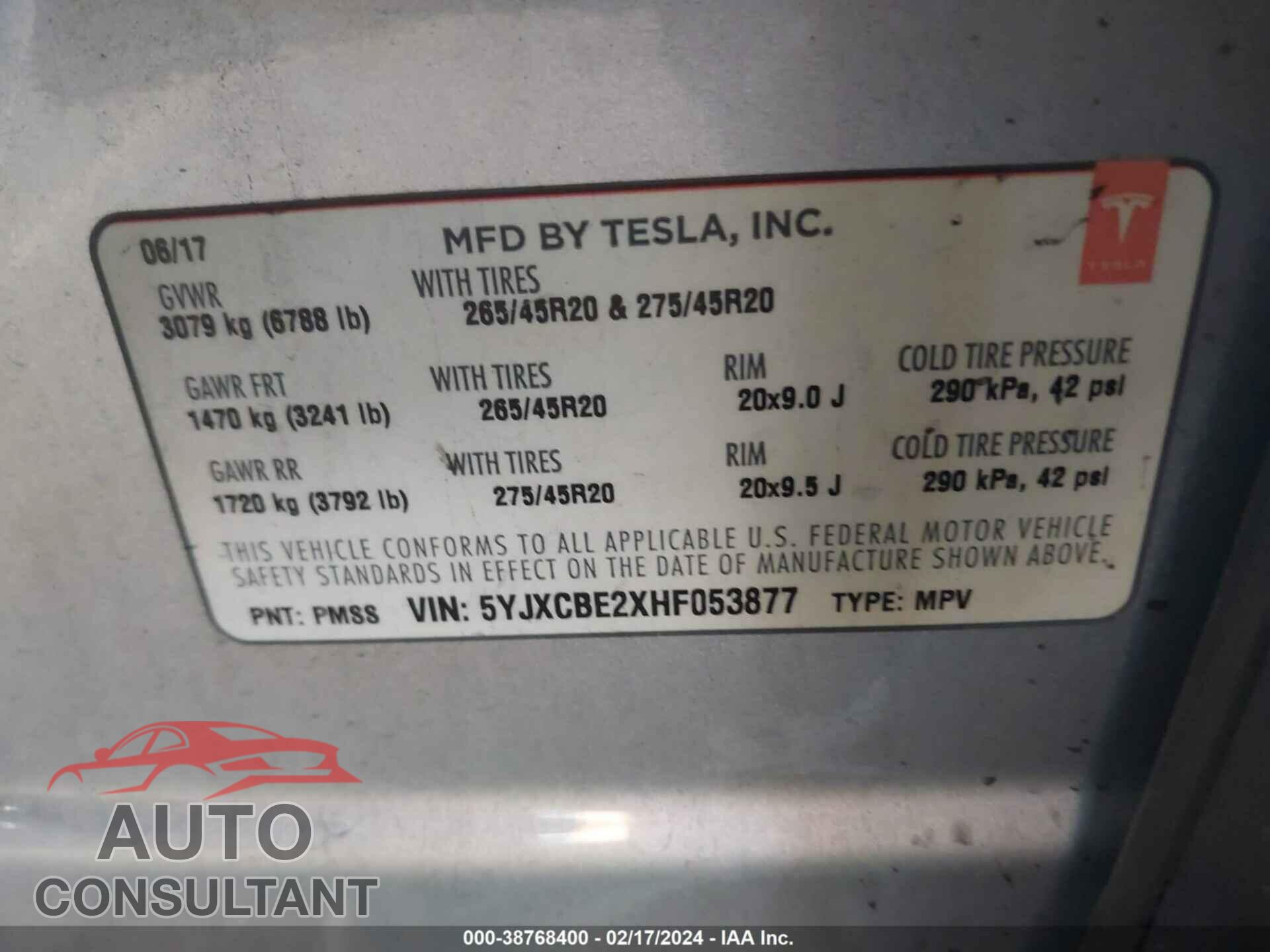 TESLA MODEL X 2017 - 5YJXCBE2XHF053877