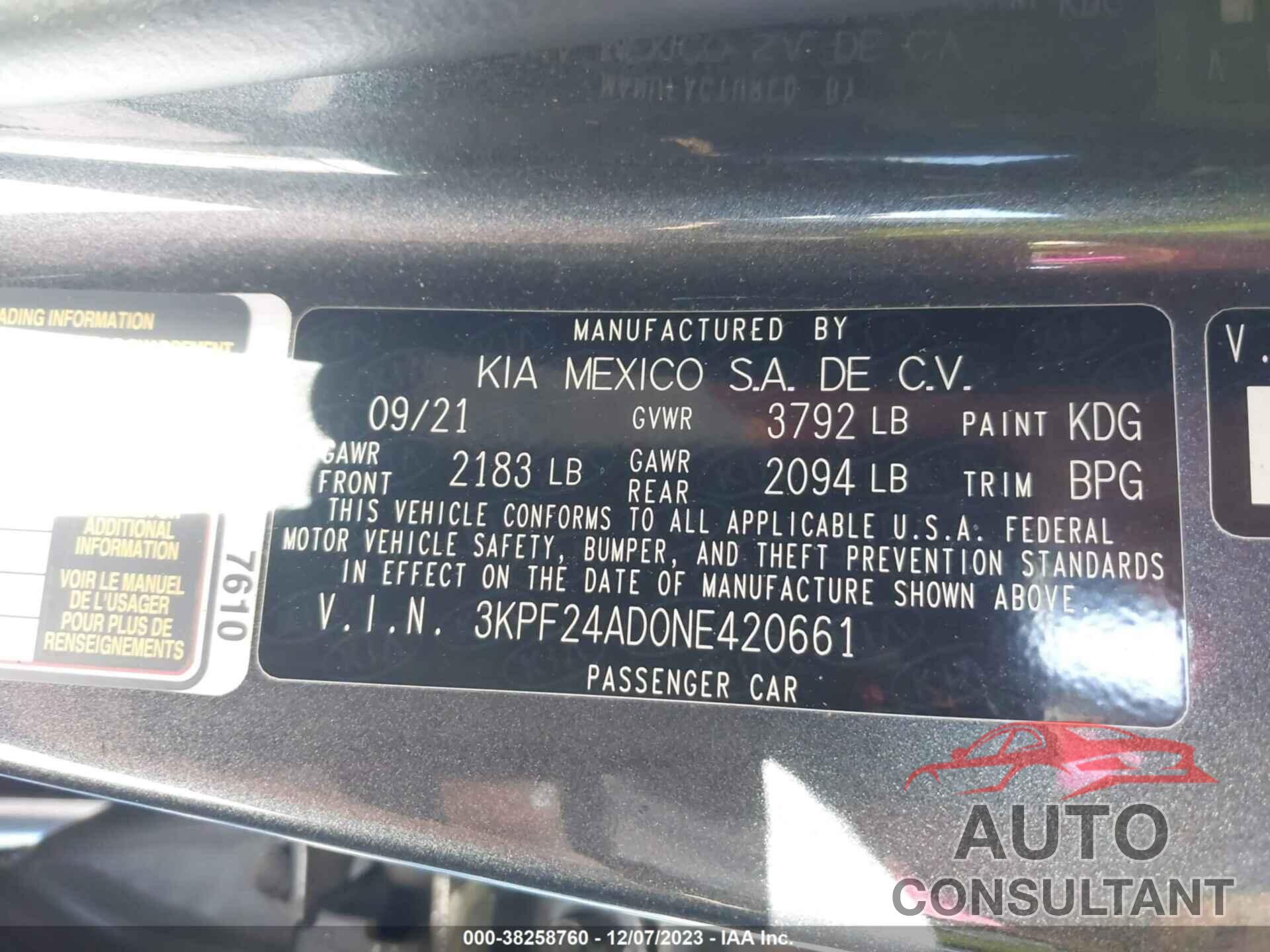 KIA FORTE 2022 - 3KPF24AD0NE420661