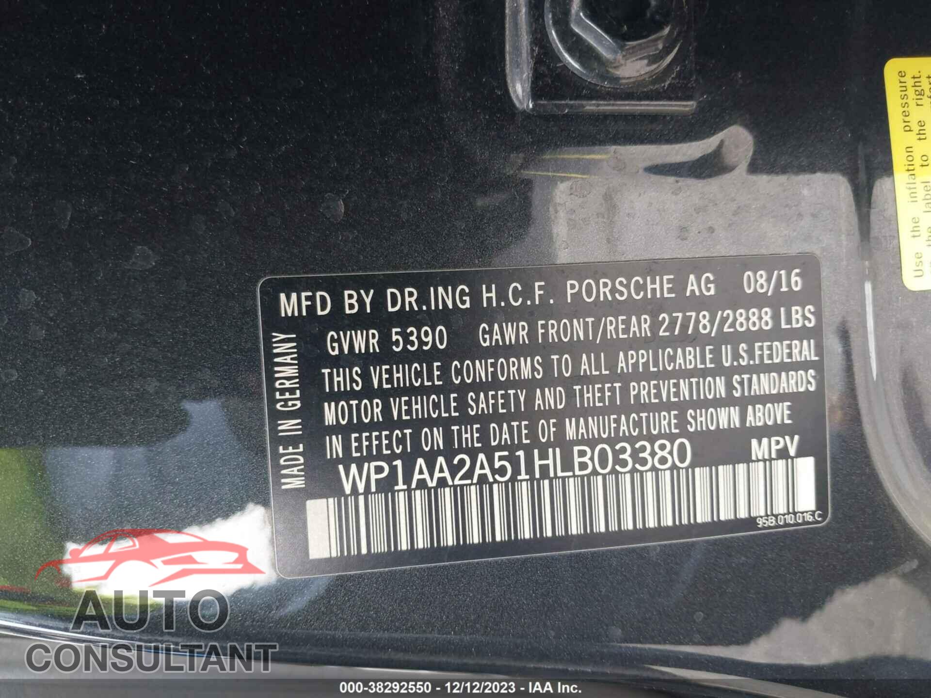 PORSCHE MACAN 2017 - WP1AA2A51HLB03380