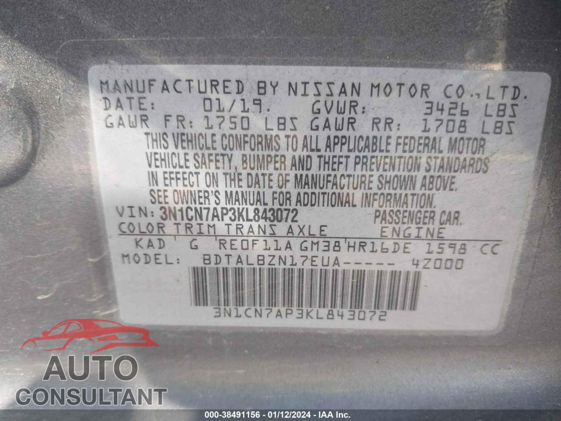 NISSAN VERSA 2019 - 3N1CN7AP3KL843072