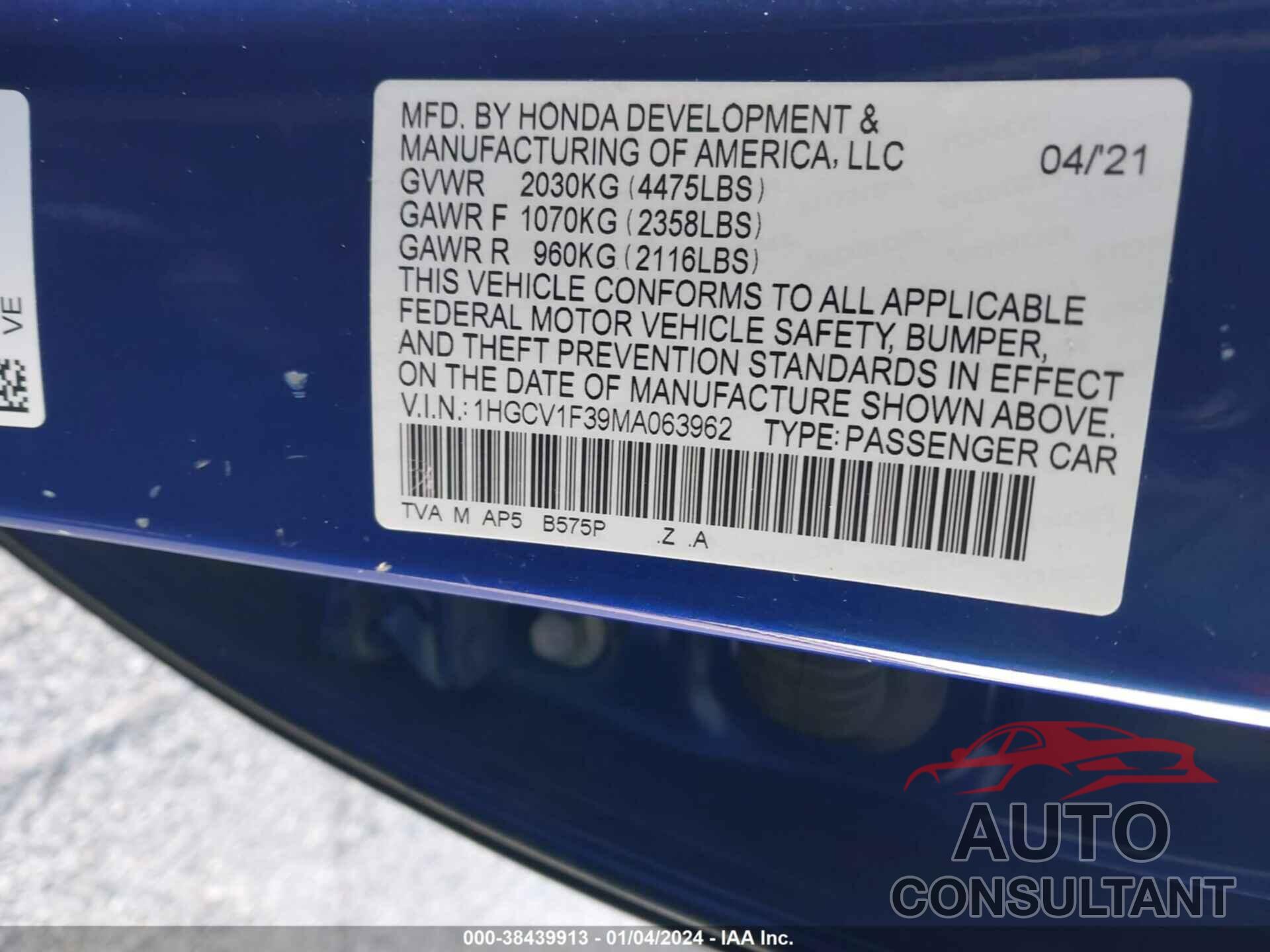 HONDA ACCORD SEDAN 2021 - 1HGCV1F39MA063962