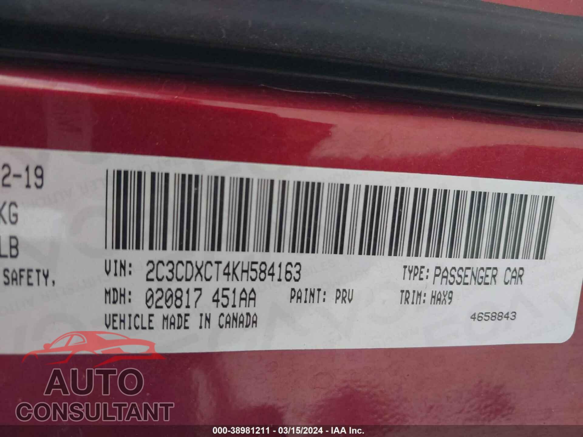 DODGE CHARGER 2019 - 2C3CDXCT4KH584163