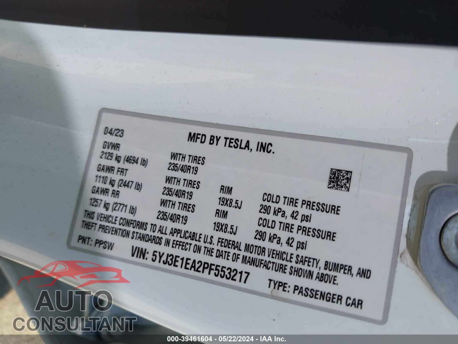 TESLA MODEL 3 2023 - 5YJ3E1EA2PF553217