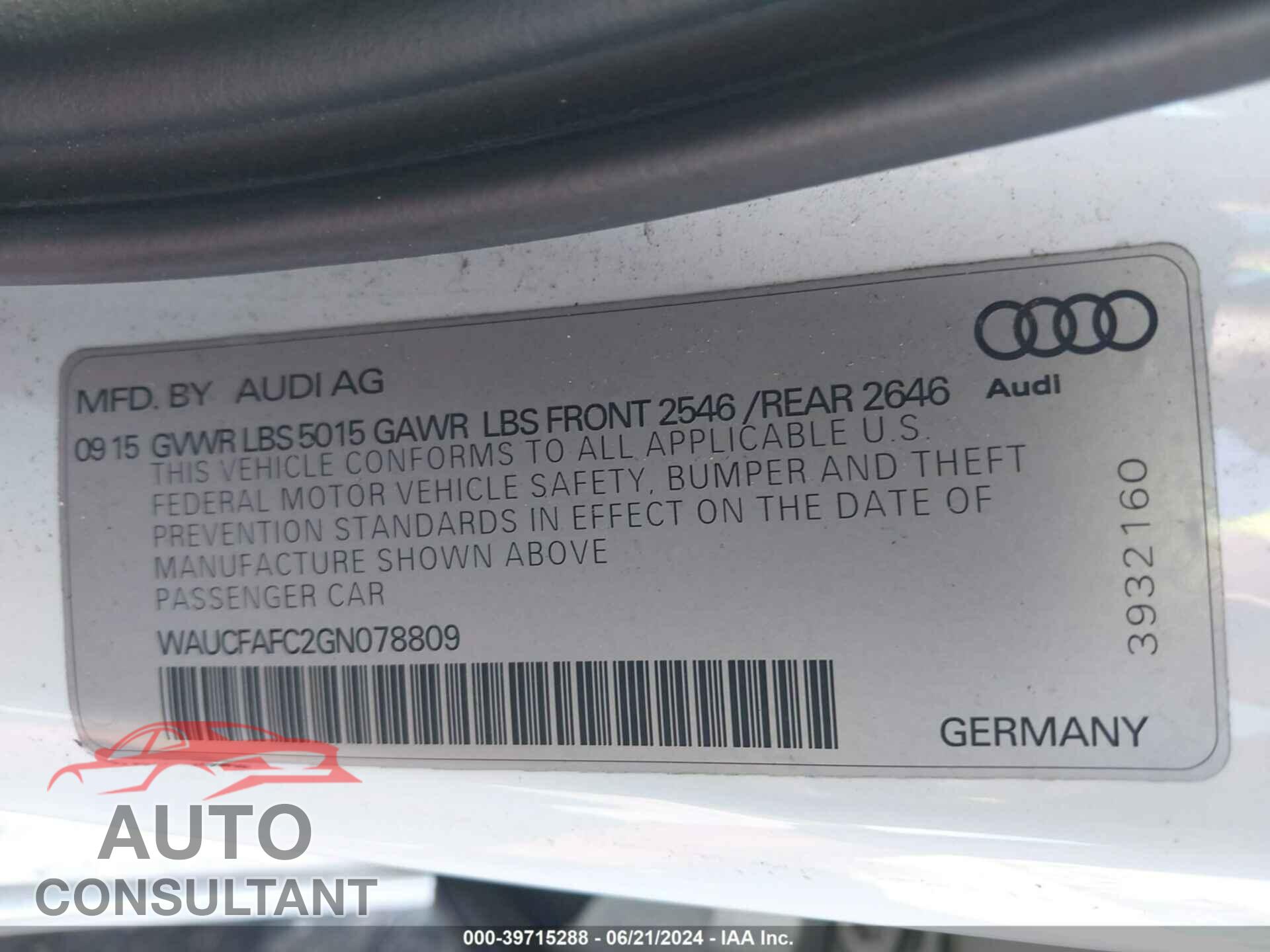 AUDI A6 2016 - WAUCFAFC2GN078809