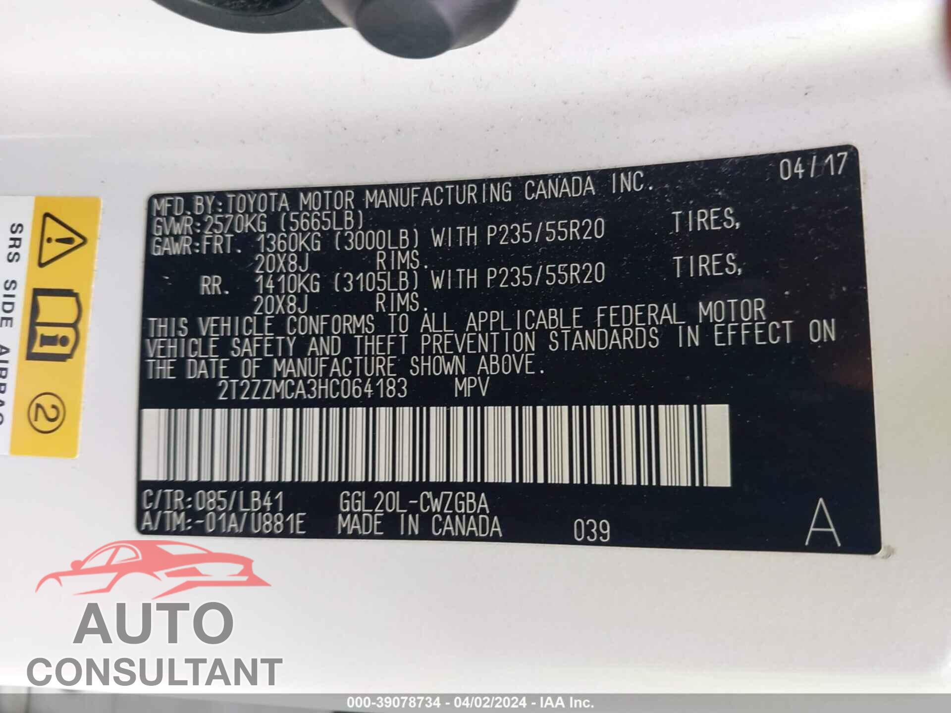 LEXUS RX 2017 - 2T2ZZMCA3HC064183